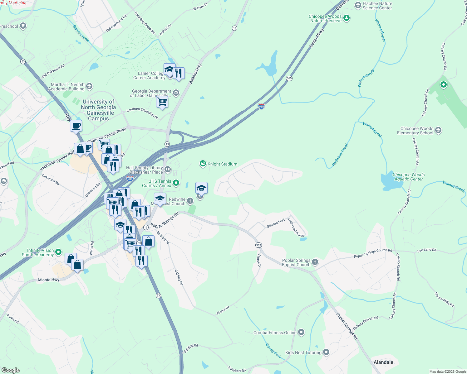 map of restaurants, bars, coffee shops, grocery stores, and more near 3560 Amberleigh Trace in Gainesville