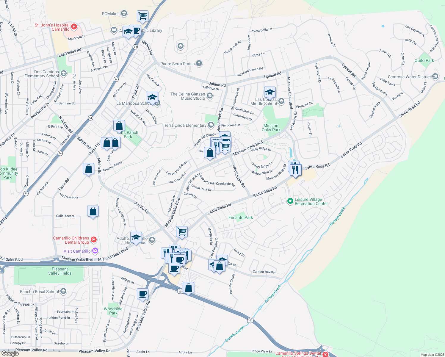 map of restaurants, bars, coffee shops, grocery stores, and more near 5338 Villa Mallorca Place in Camarillo