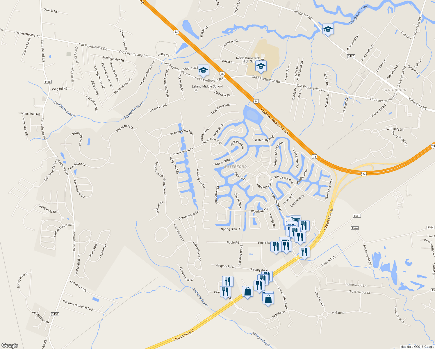 map of restaurants, bars, coffee shops, grocery stores, and more near 2036 Woodwind Dr in Leland