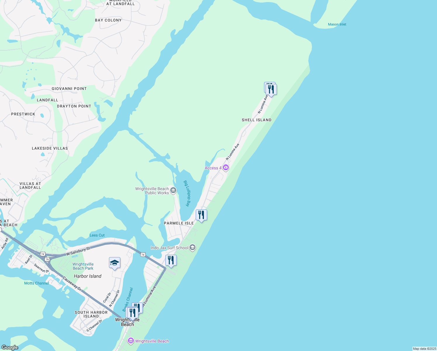 map of restaurants, bars, coffee shops, grocery stores, and more near 2312 North Lumina Avenue in Wrightsville Beach