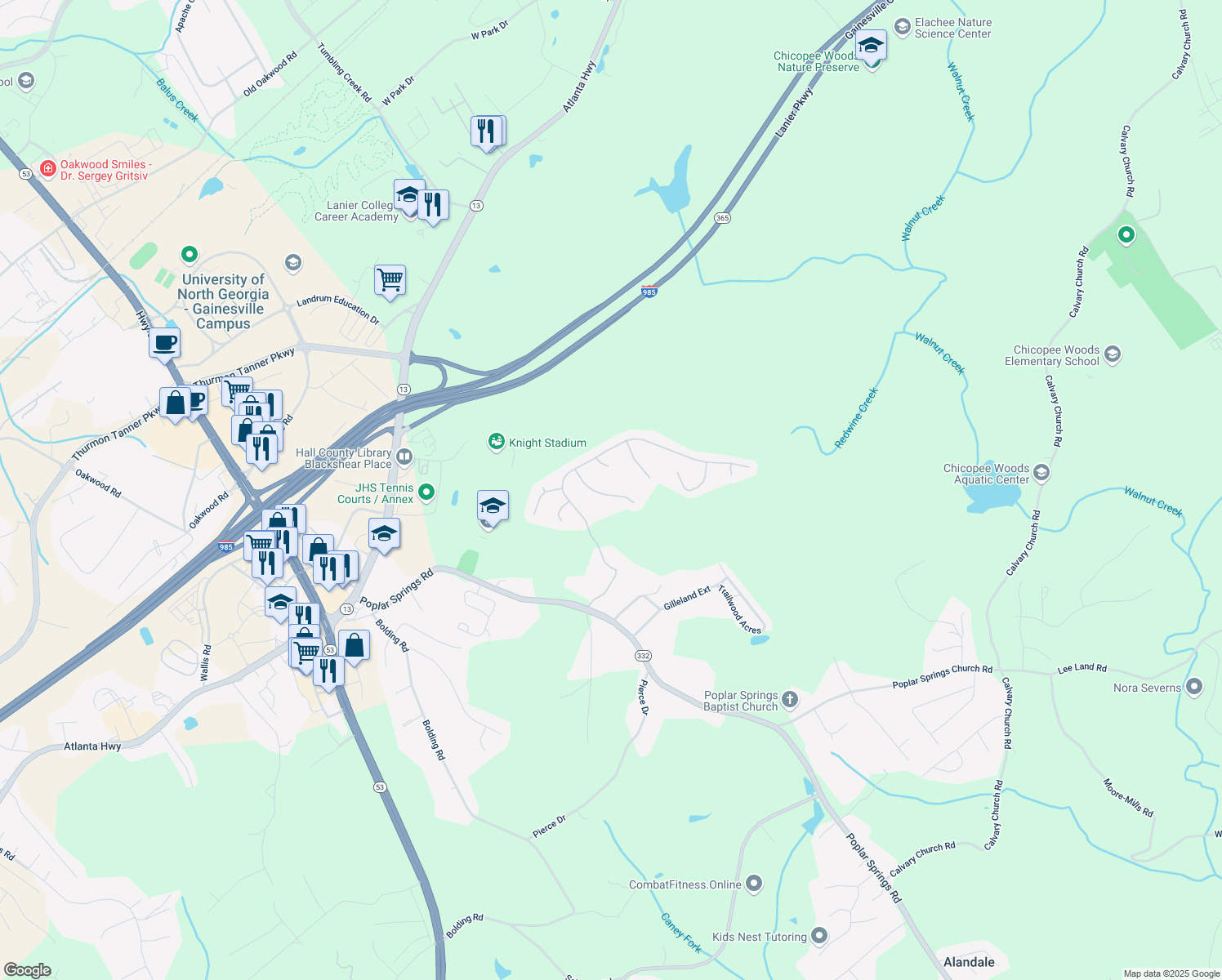 map of restaurants, bars, coffee shops, grocery stores, and more near 3739 Ridge Bluff Overlook in Gainesville