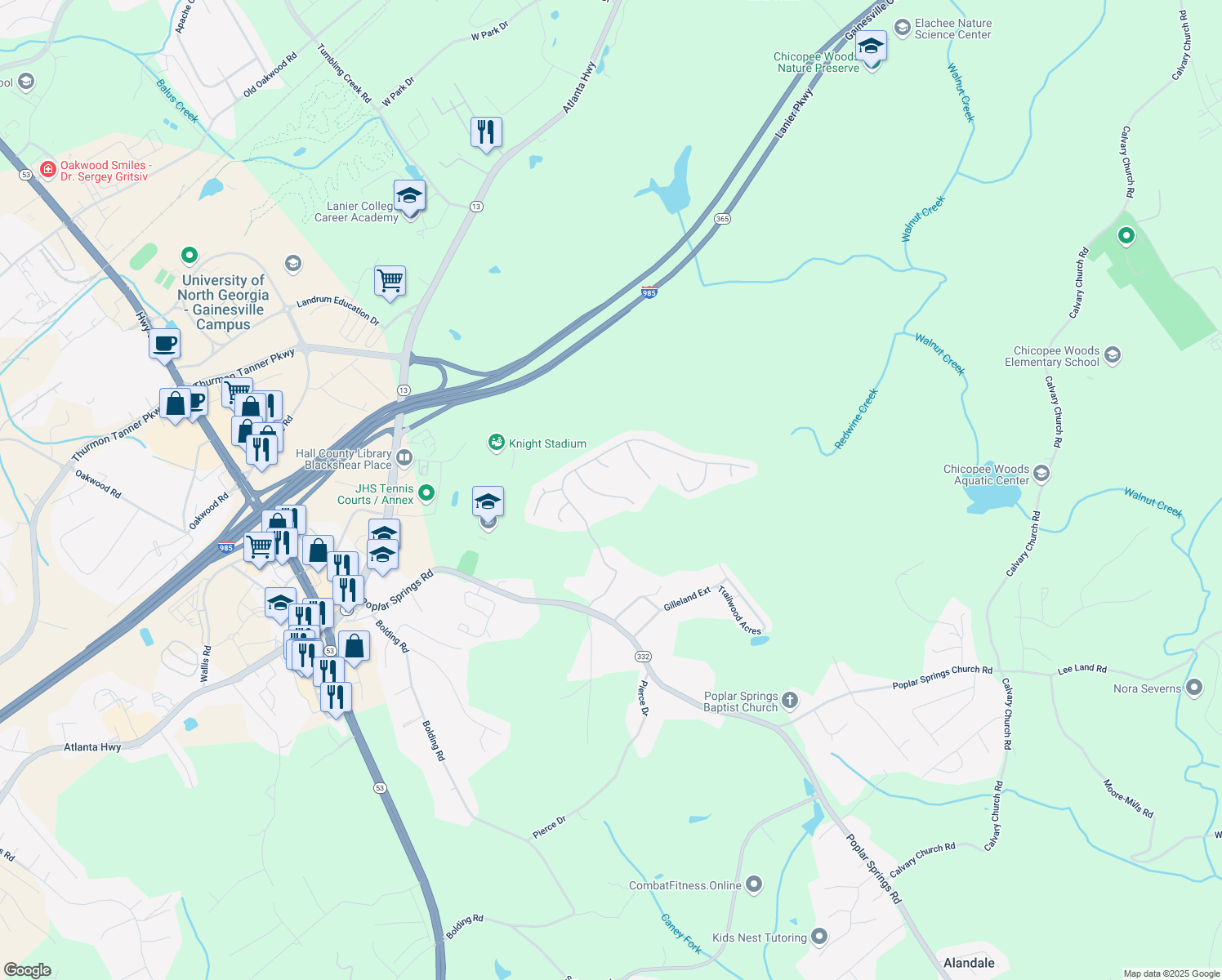 map of restaurants, bars, coffee shops, grocery stores, and more near 3739 Ridge Bluff Overlook in Gainesville