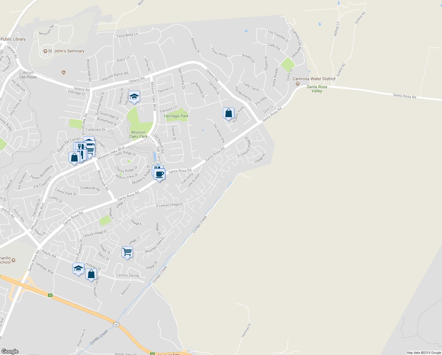 map of restaurants, bars, coffee shops, grocery stores, and more near 38114 Village 38 in Camarillo