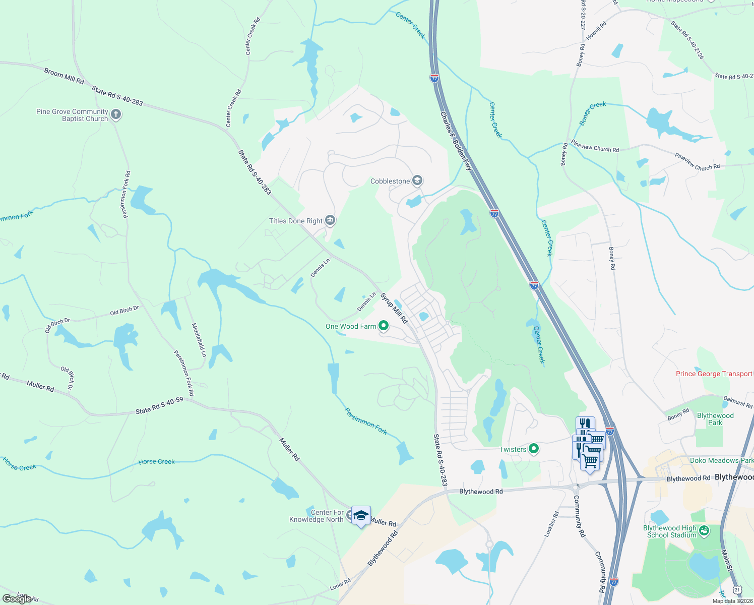 map of restaurants, bars, coffee shops, grocery stores, and more near 1253 Syrup Mill Road in Blythewood