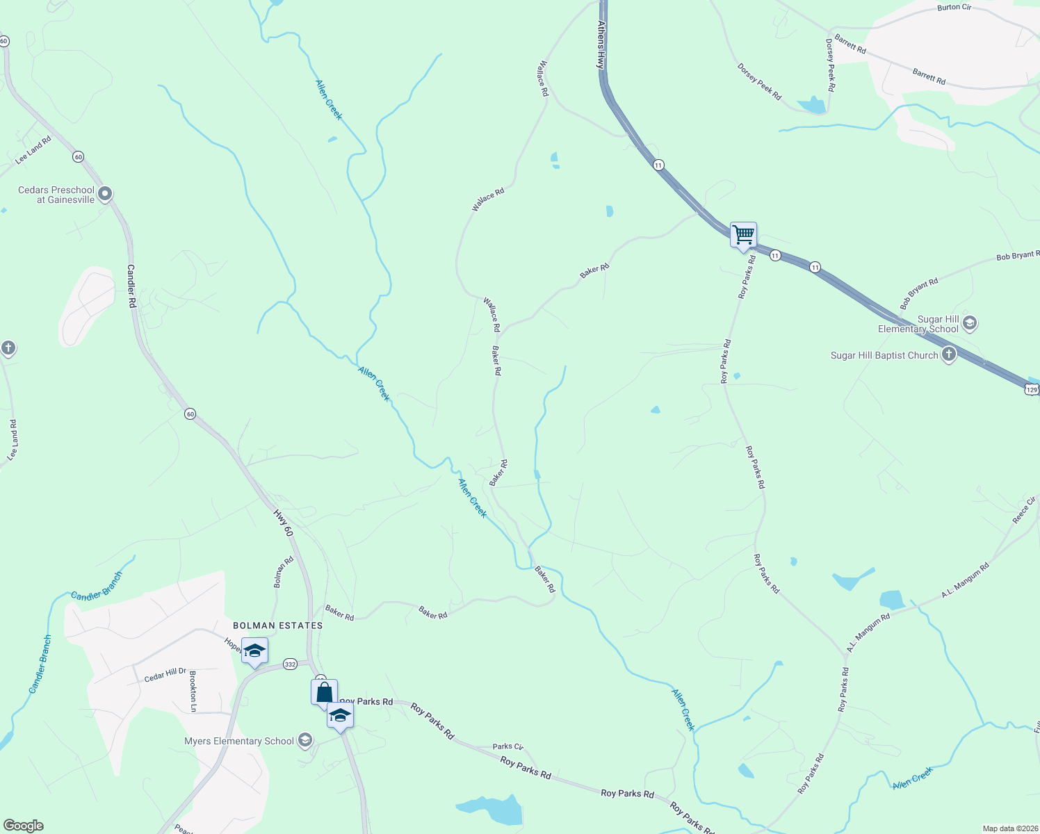map of restaurants, bars, coffee shops, grocery stores, and more near 3299 Baker Road in Gainesville