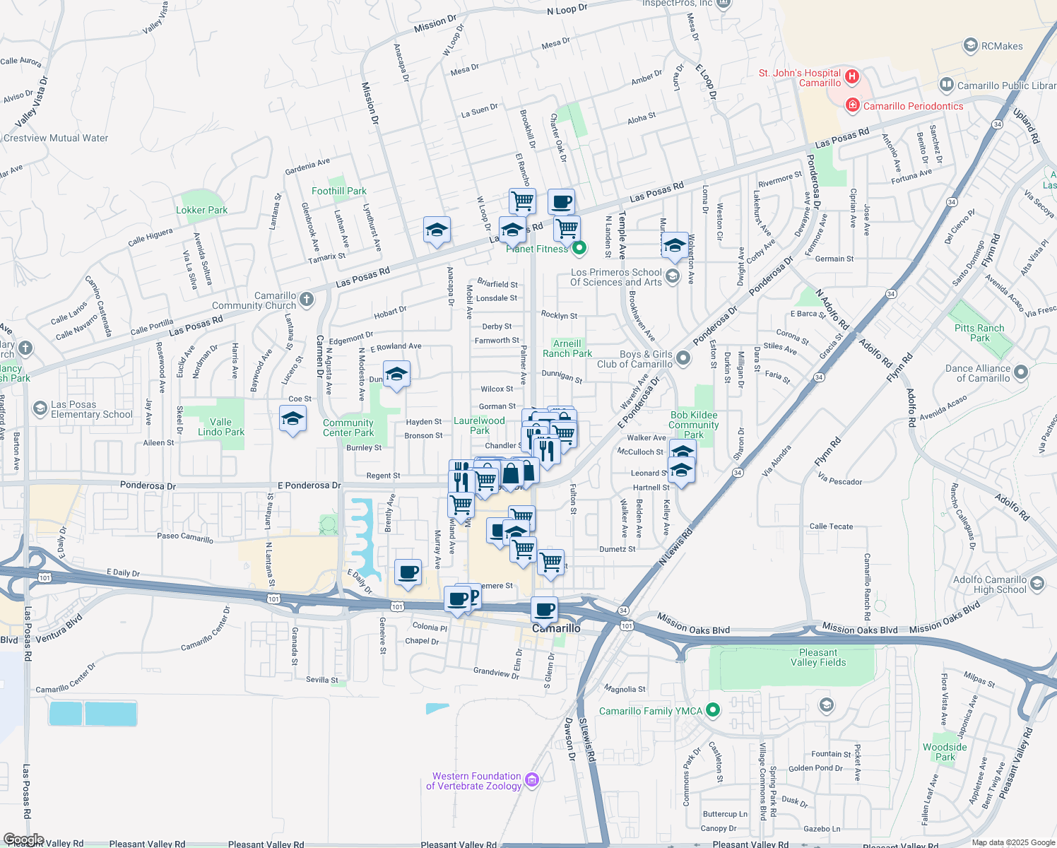 map of restaurants, bars, coffee shops, grocery stores, and more near 958 Palmer Avenue in Camarillo