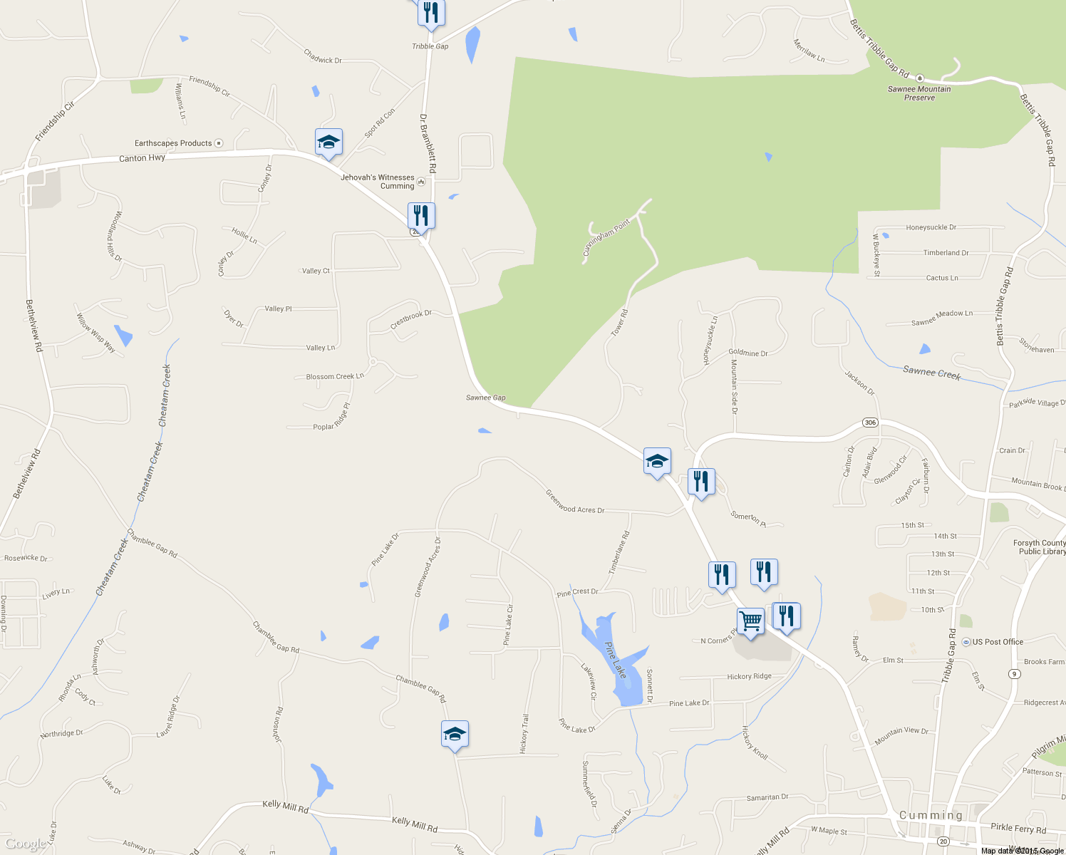 map of restaurants, bars, coffee shops, grocery stores, and more near 823 Canton Hwy in Cumming