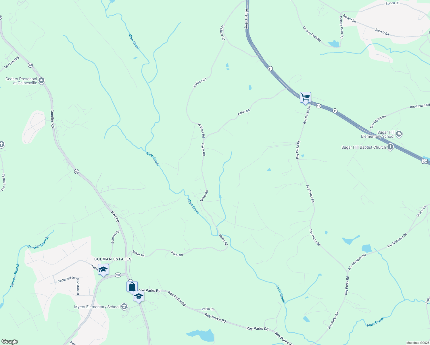 map of restaurants, bars, coffee shops, grocery stores, and more near 3299 Baker Road in Gainesville