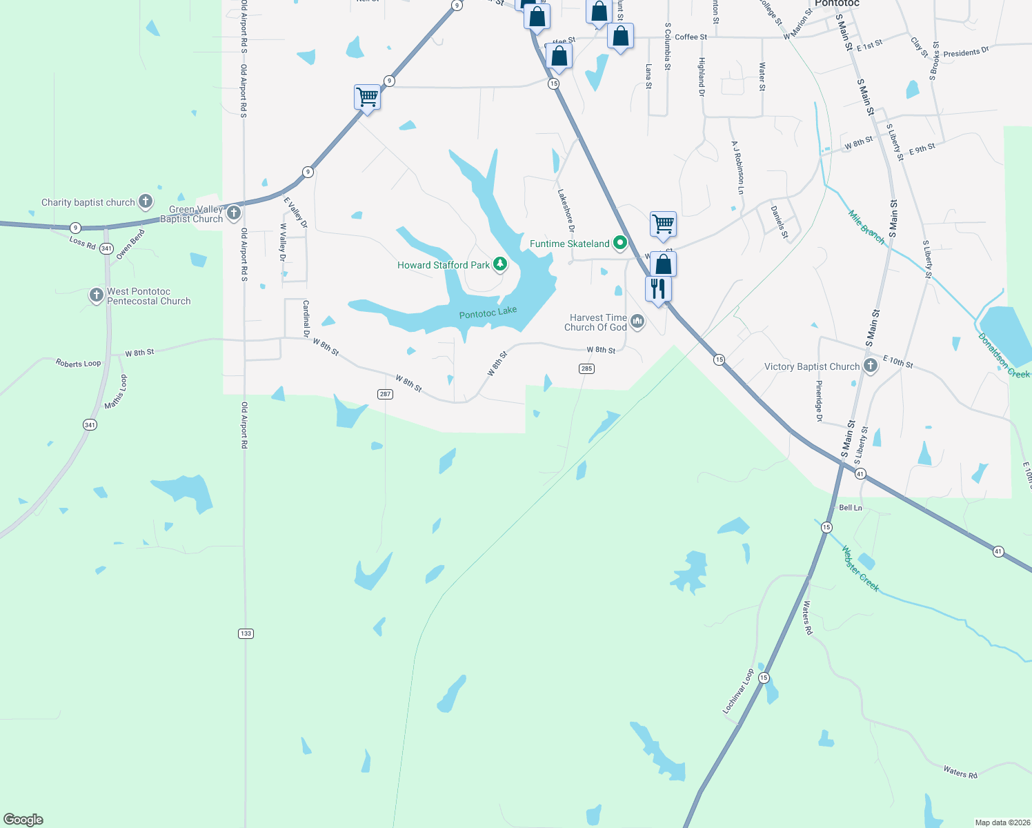 map of restaurants, bars, coffee shops, grocery stores, and more near 347 Stanley St in Pontotoc