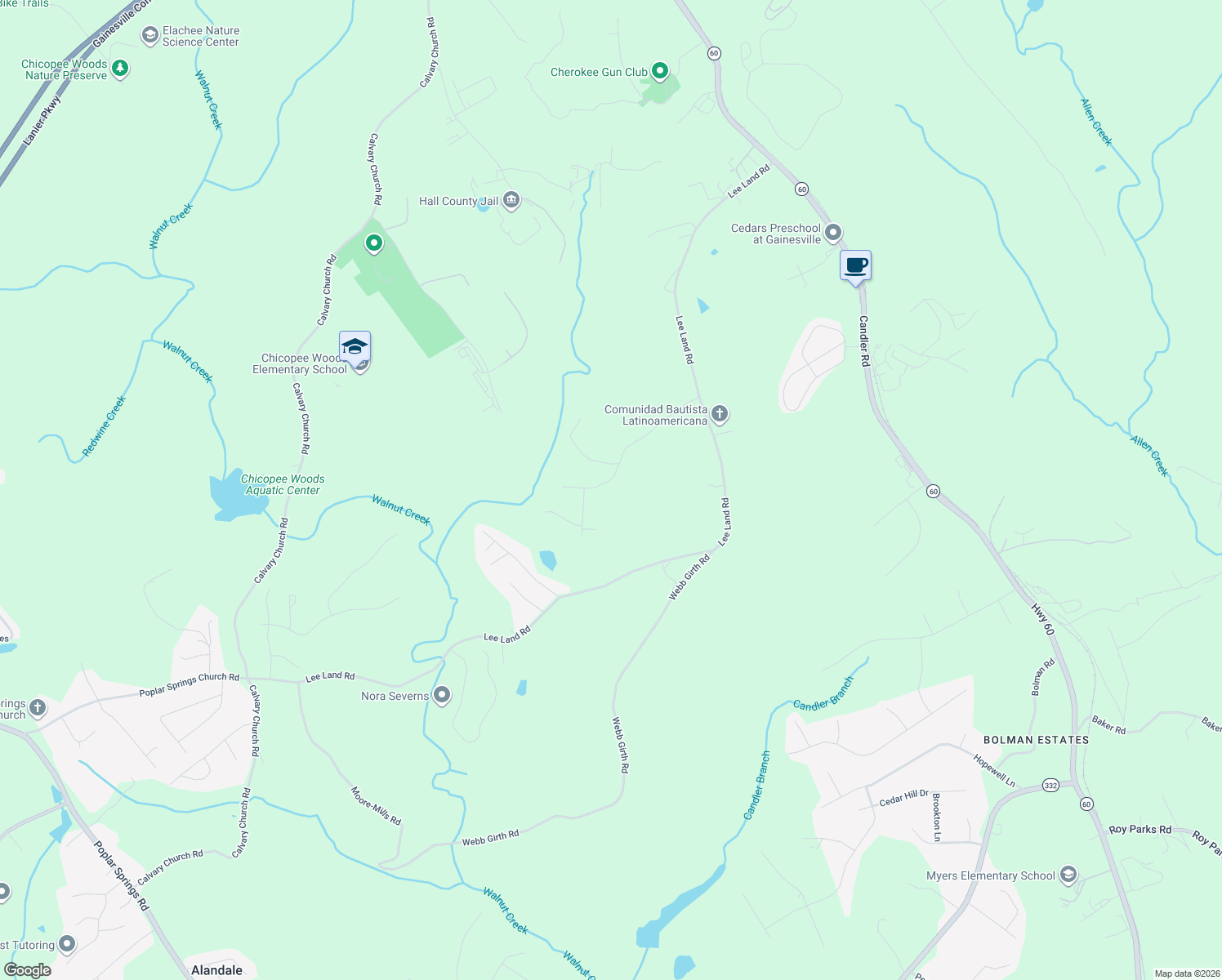 map of restaurants, bars, coffee shops, grocery stores, and more near 2281 South Oaks Drive in Gainesville