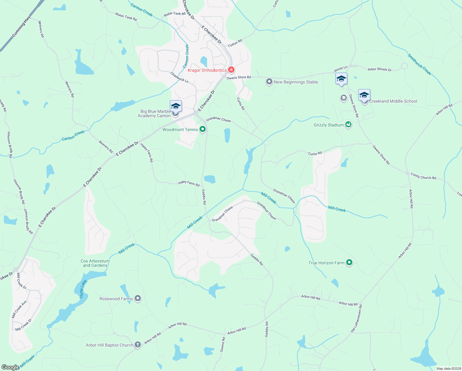 map of restaurants, bars, coffee shops, grocery stores, and more near 424 Ridgemoor Pass in Canton
