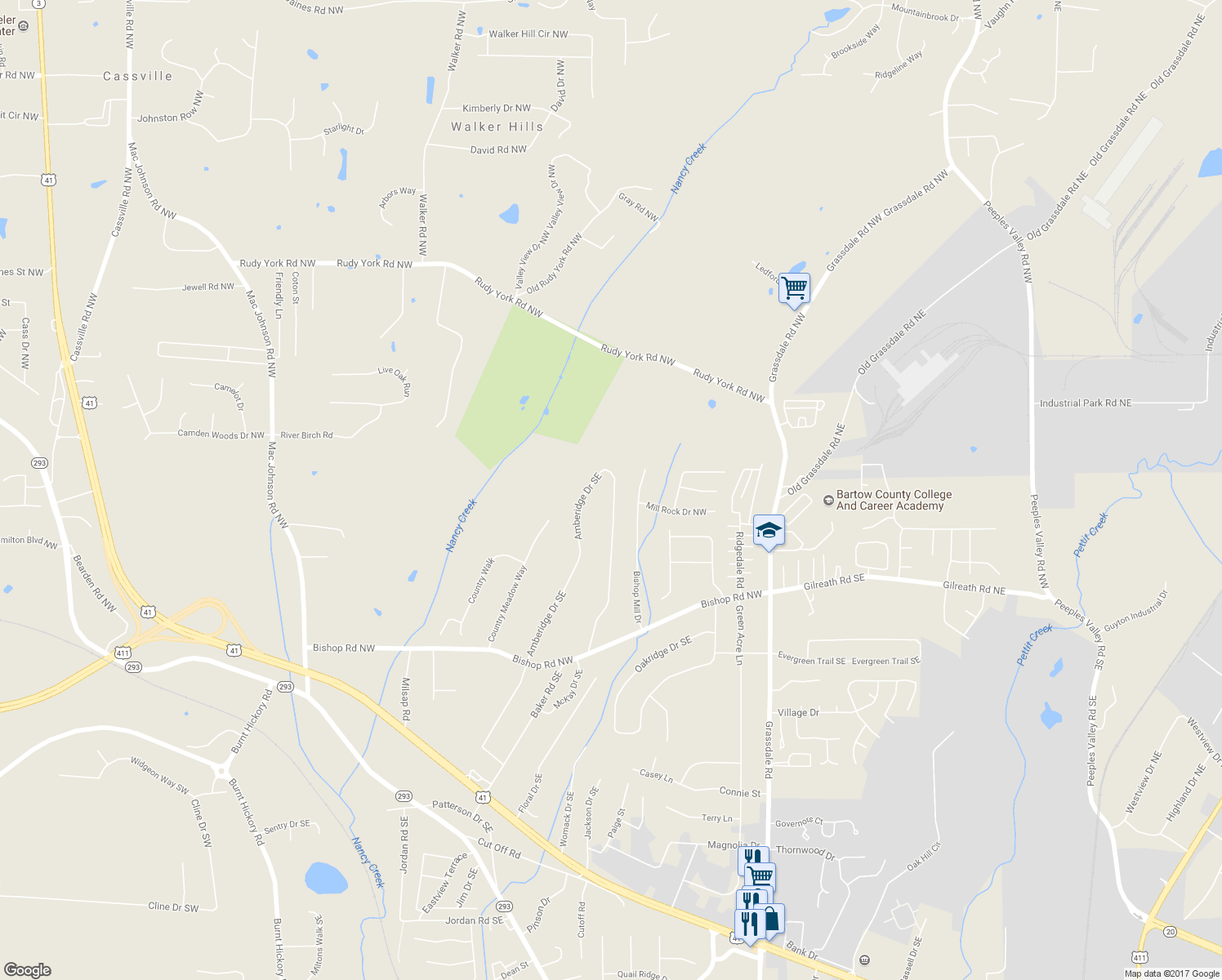 map of restaurants, bars, coffee shops, grocery stores, and more near 94 Amberidge Drive Southeast in Cartersville