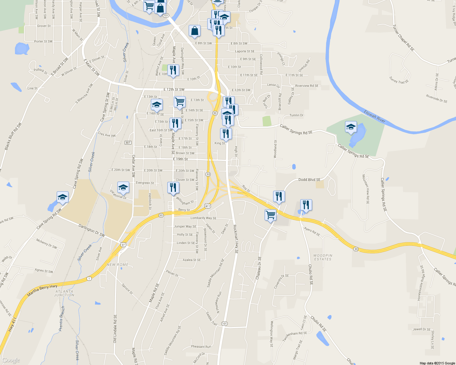 map of restaurants, bars, coffee shops, grocery stores, and more near 2403 Rockmart Road Southeast in Rome