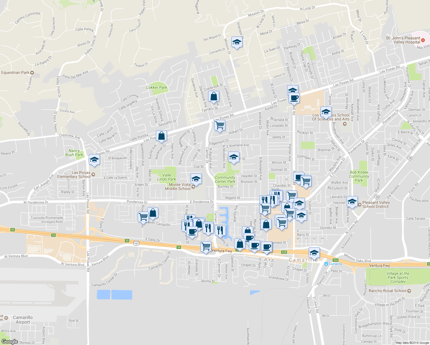 map of restaurants, bars, coffee shops, grocery stores, and more near 1014 North Agusta Avenue in Camarillo