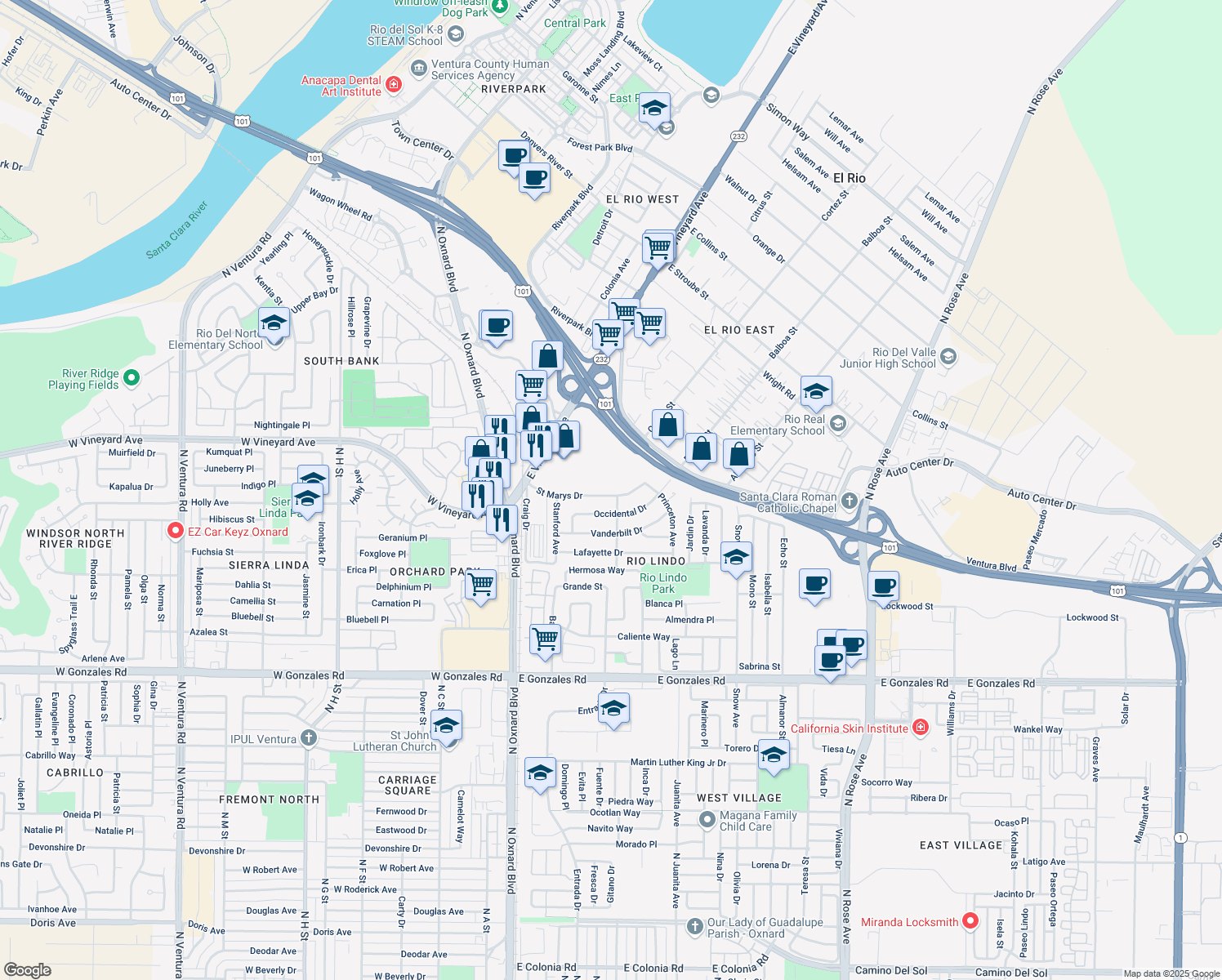 map of restaurants, bars, coffee shops, grocery stores, and more near 285 Saint Marys Drive in Oxnard