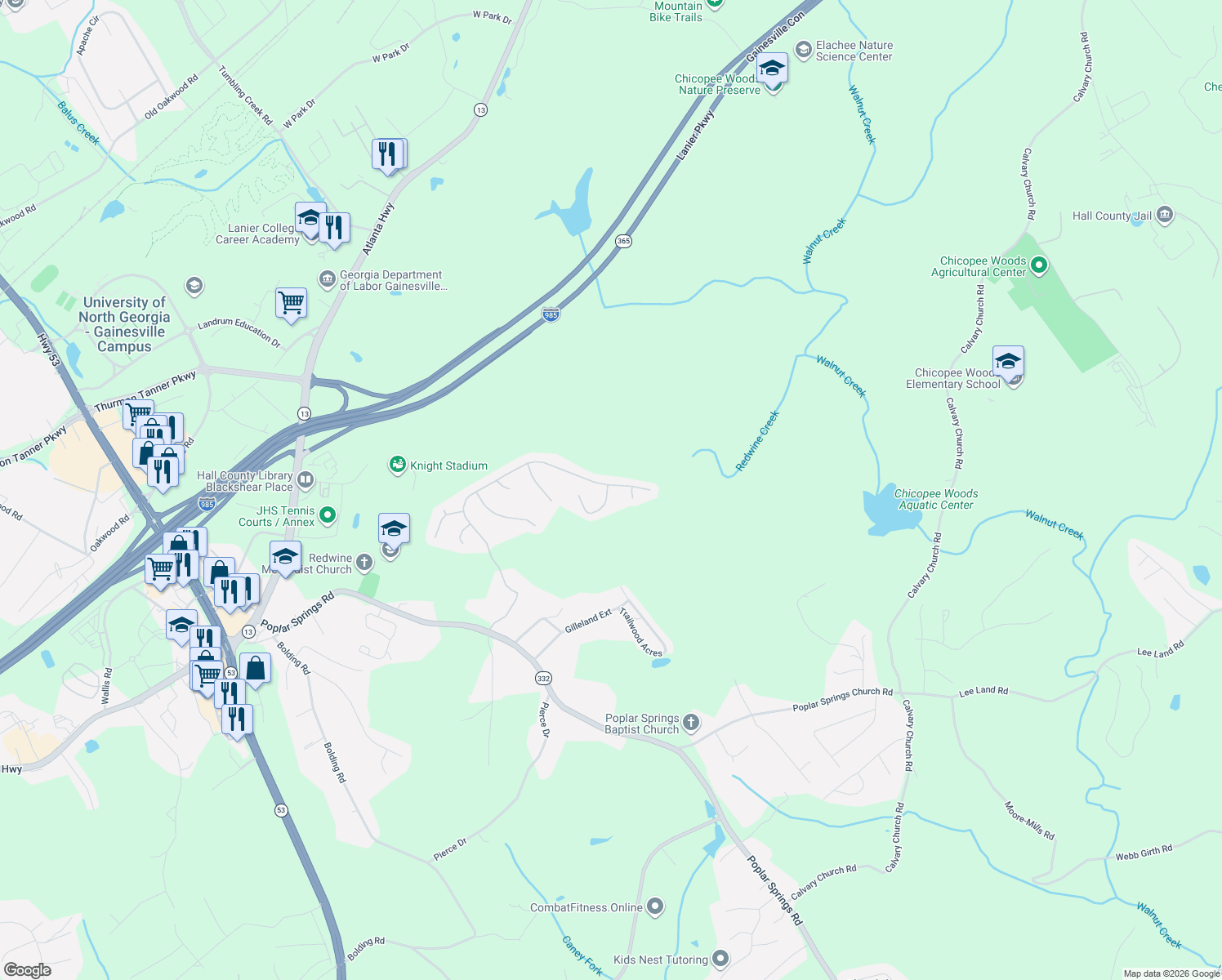 map of restaurants, bars, coffee shops, grocery stores, and more near 4116 Village Preserve Way in Gainesville