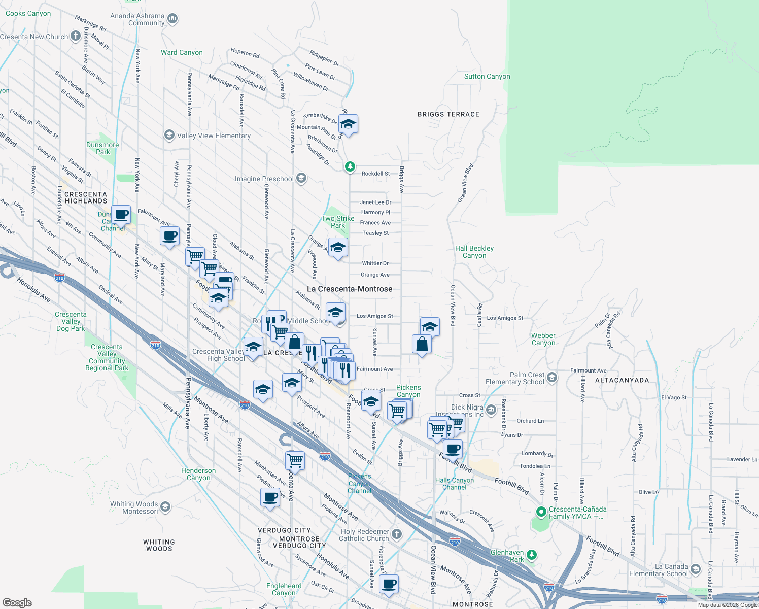 map of restaurants, bars, coffee shops, grocery stores, and more near 4874 Sunset Avenue in La Crescenta-Montrose