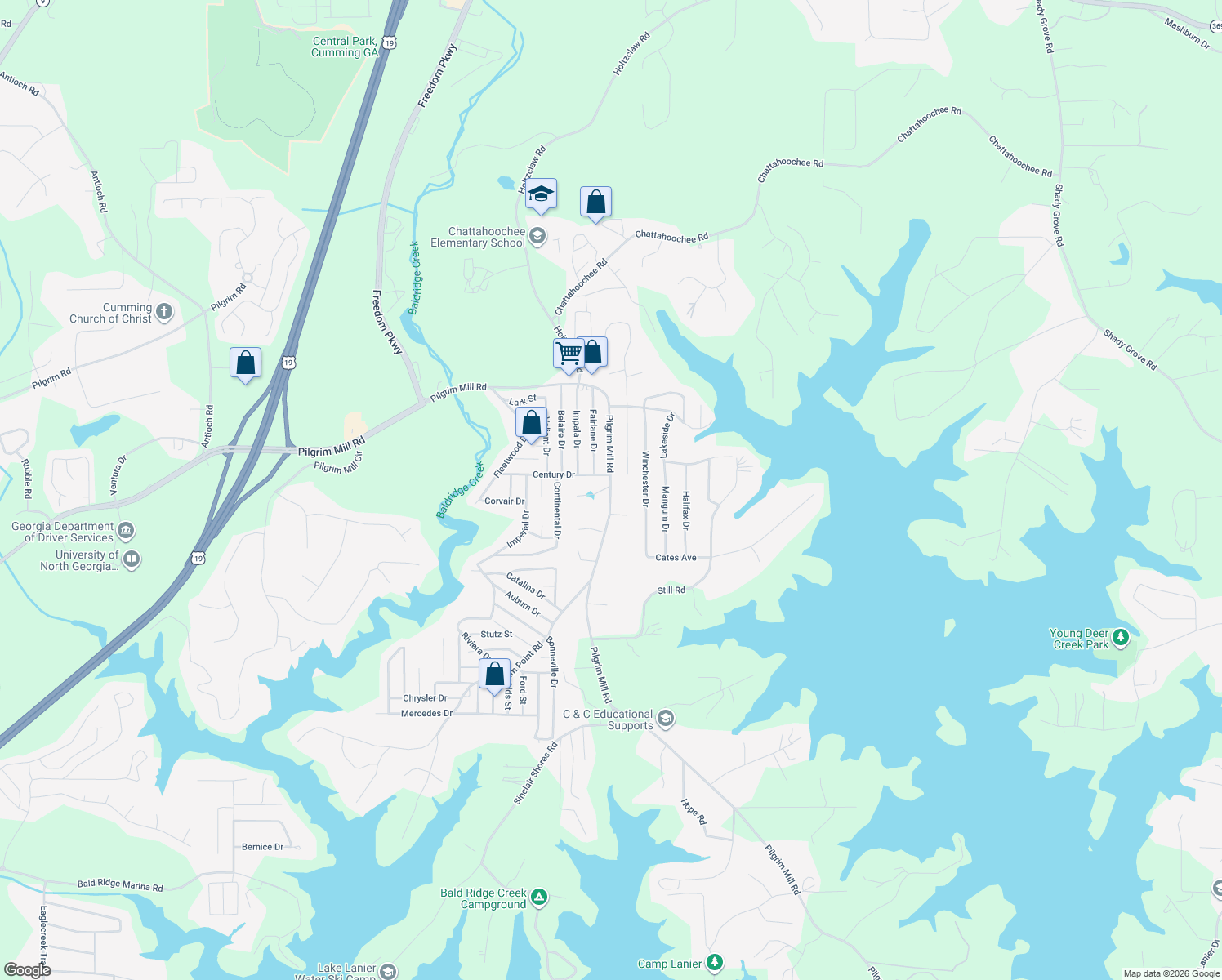 map of restaurants, bars, coffee shops, grocery stores, and more near 2725 Pilgrim Mill Road in Cumming
