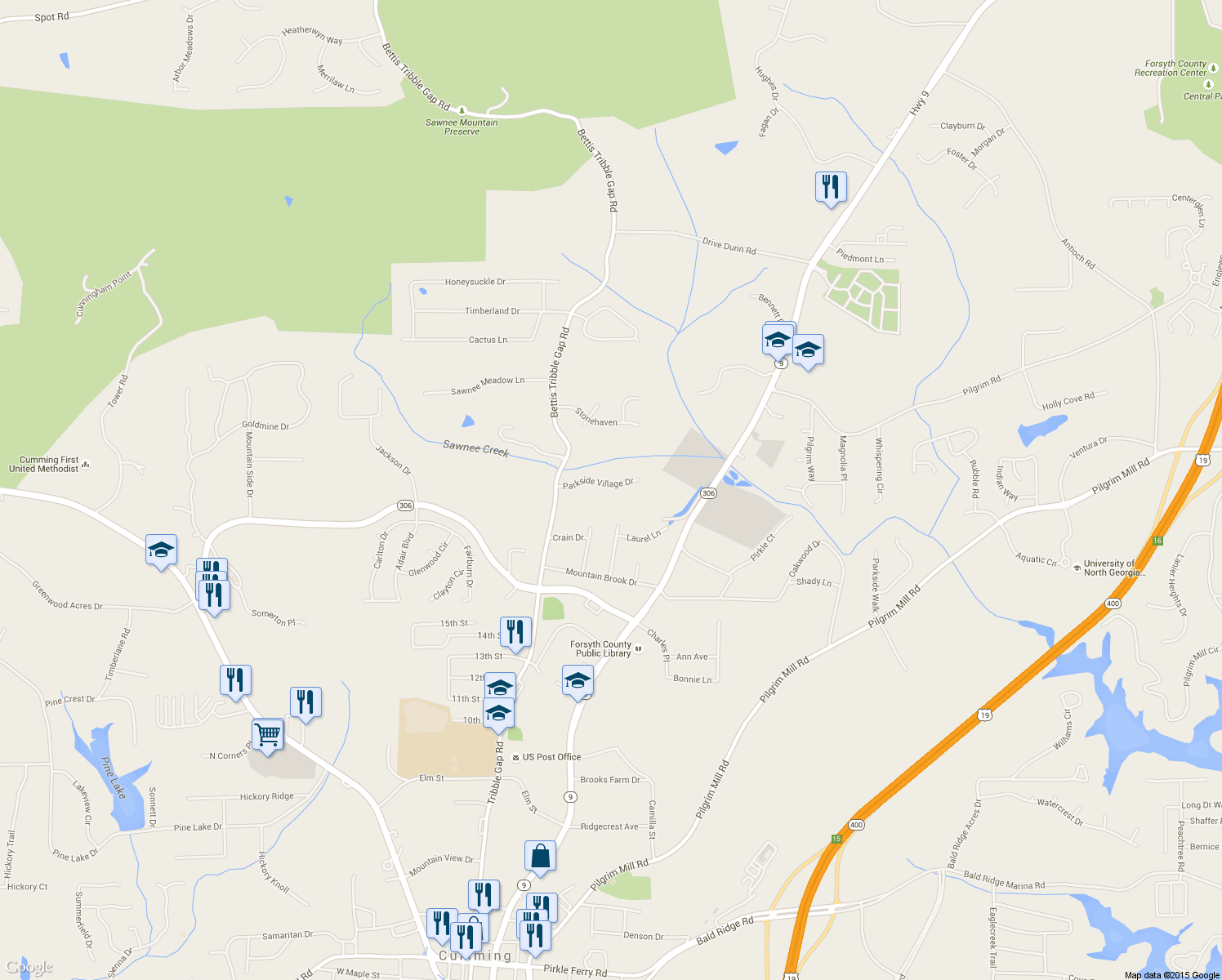 map of restaurants, bars, coffee shops, grocery stores, and more near 1520 Parkside Village Dr in Cumming