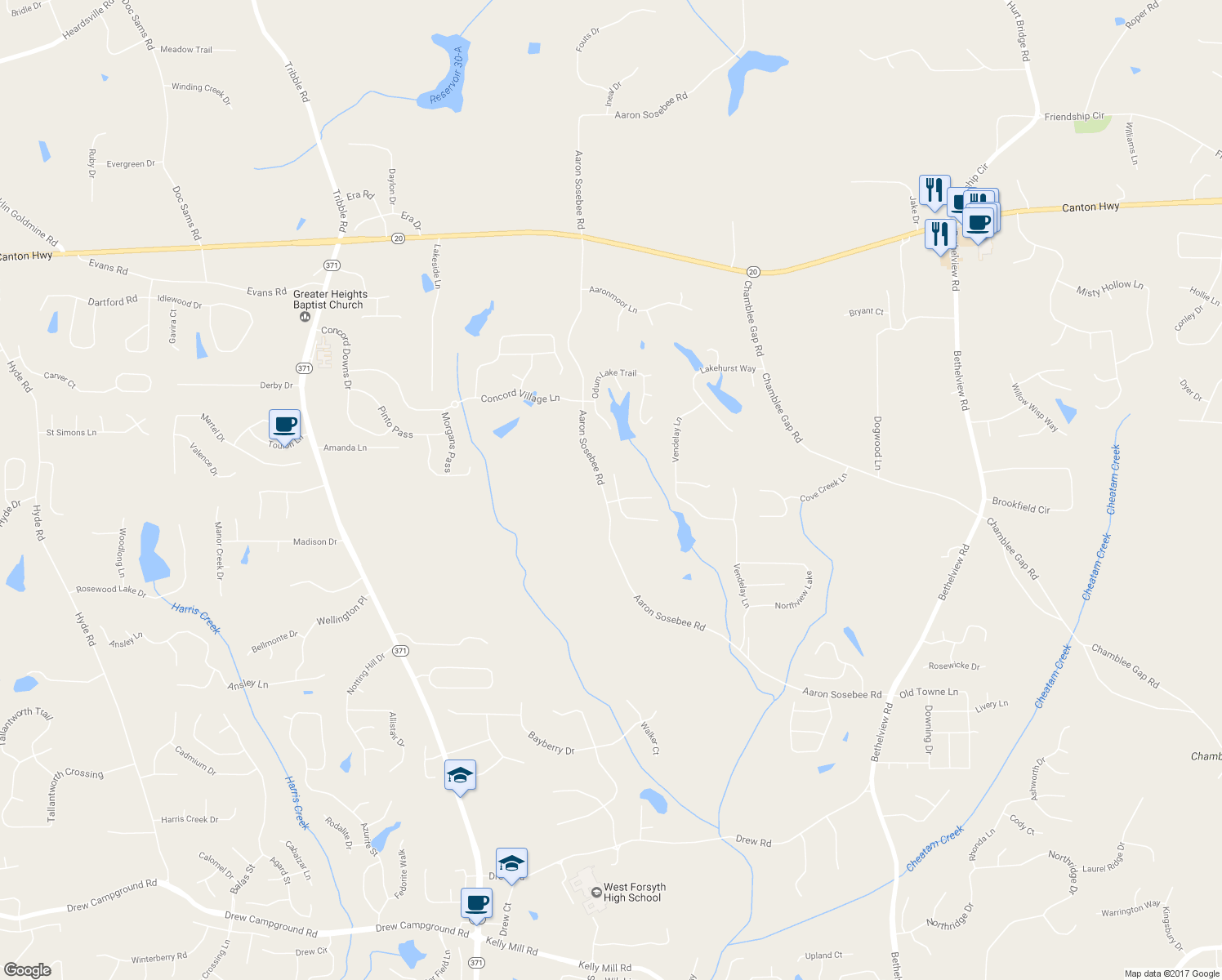 map of restaurants, bars, coffee shops, grocery stores, and more near 4715 Watkins Pointe Lane in Cumming