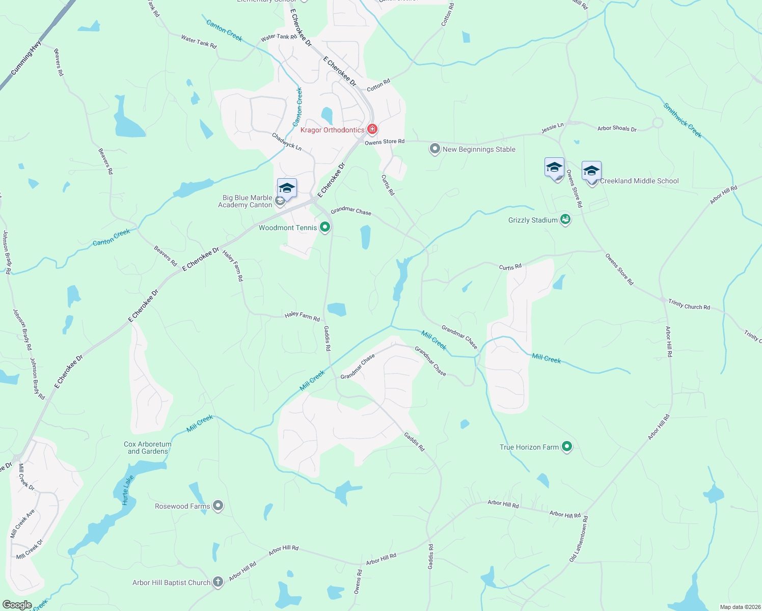 map of restaurants, bars, coffee shops, grocery stores, and more near 131 Ridgemoor Trace in Canton