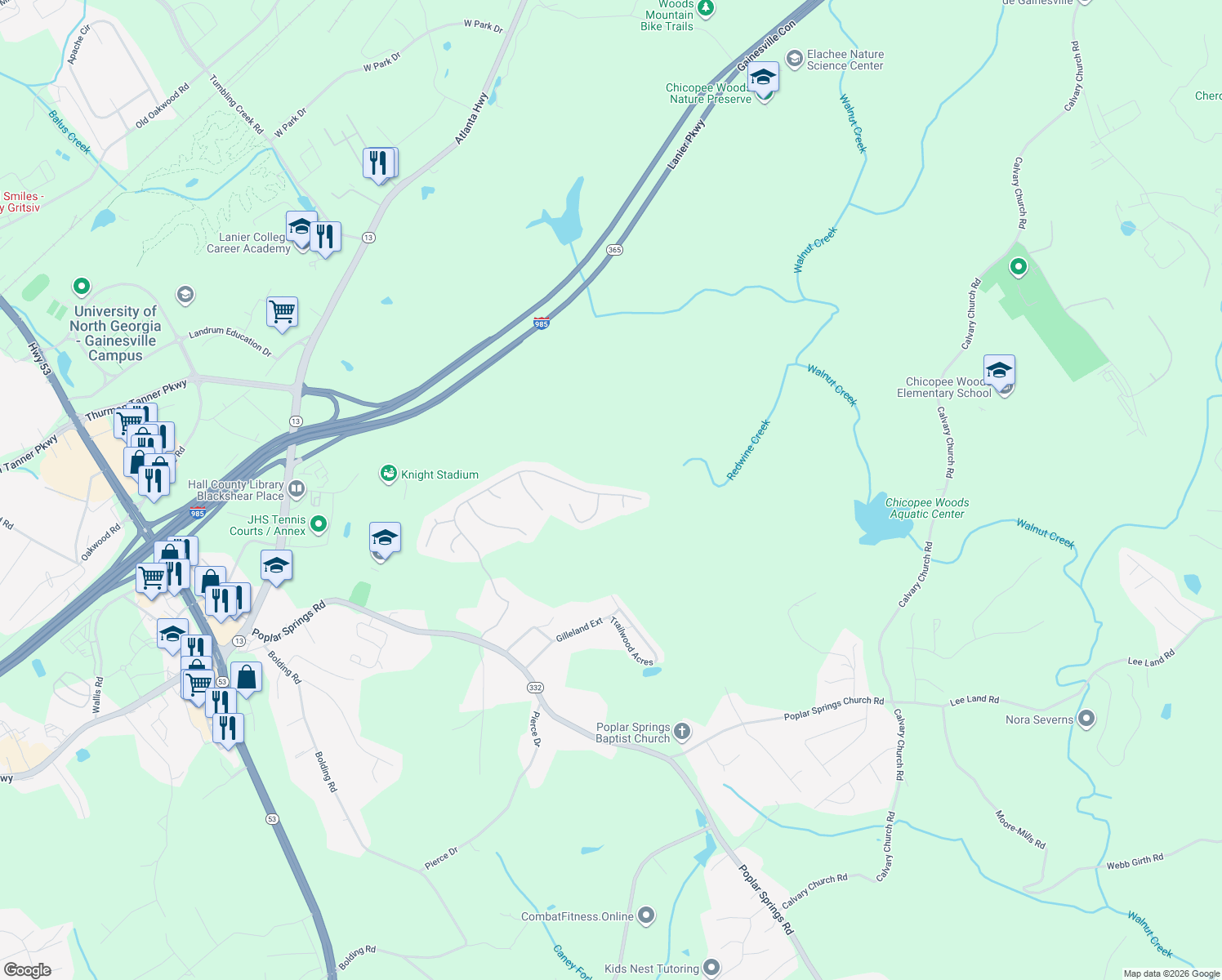 map of restaurants, bars, coffee shops, grocery stores, and more near 4221 Amberleigh Trace in Gainesville