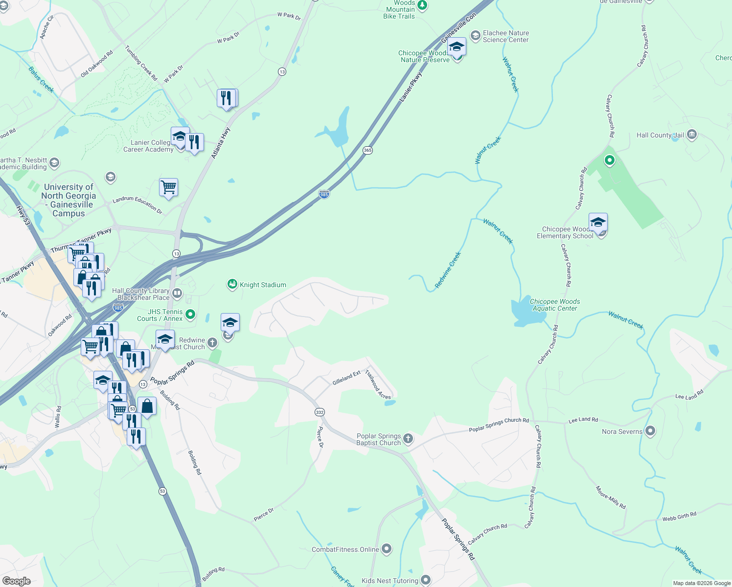 map of restaurants, bars, coffee shops, grocery stores, and more near 4213 Amberleigh Trace in Gainesville