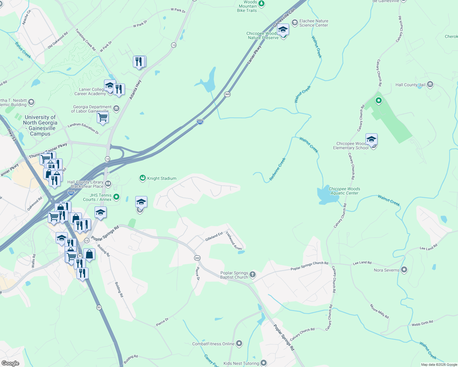 map of restaurants, bars, coffee shops, grocery stores, and more near 4221 Amberleigh Trace in Gainesville