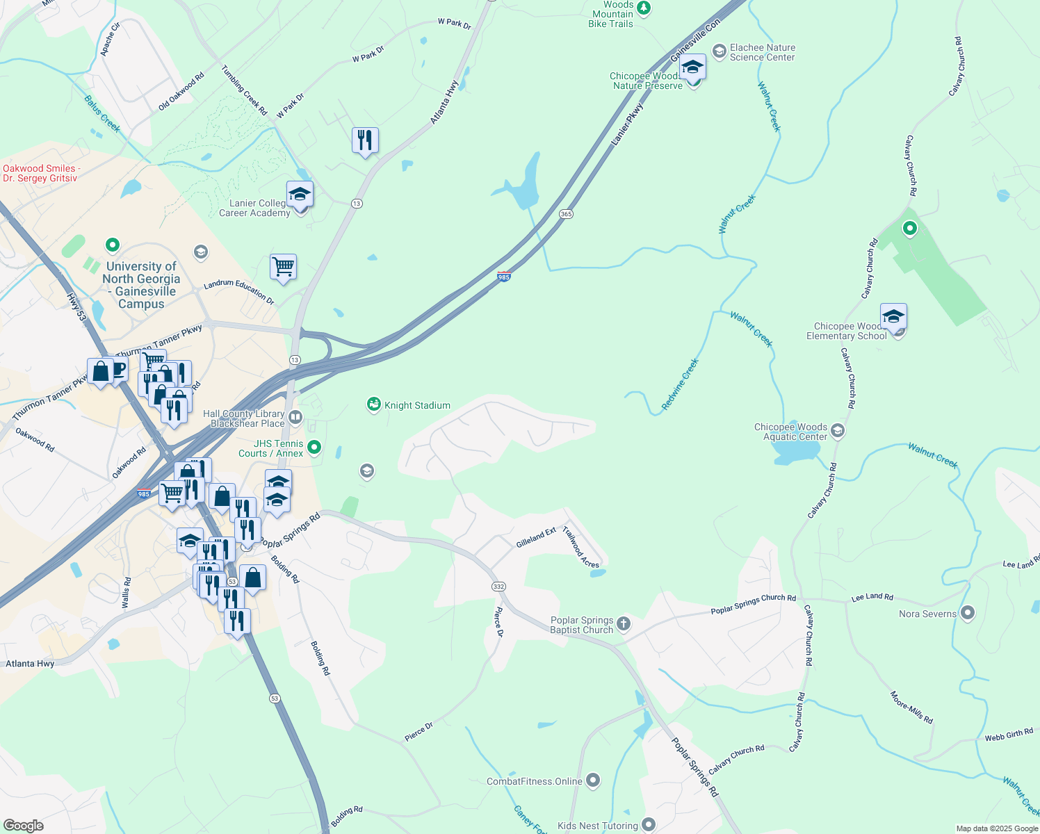 map of restaurants, bars, coffee shops, grocery stores, and more near 4044 Amberleigh Trace in Gainesville