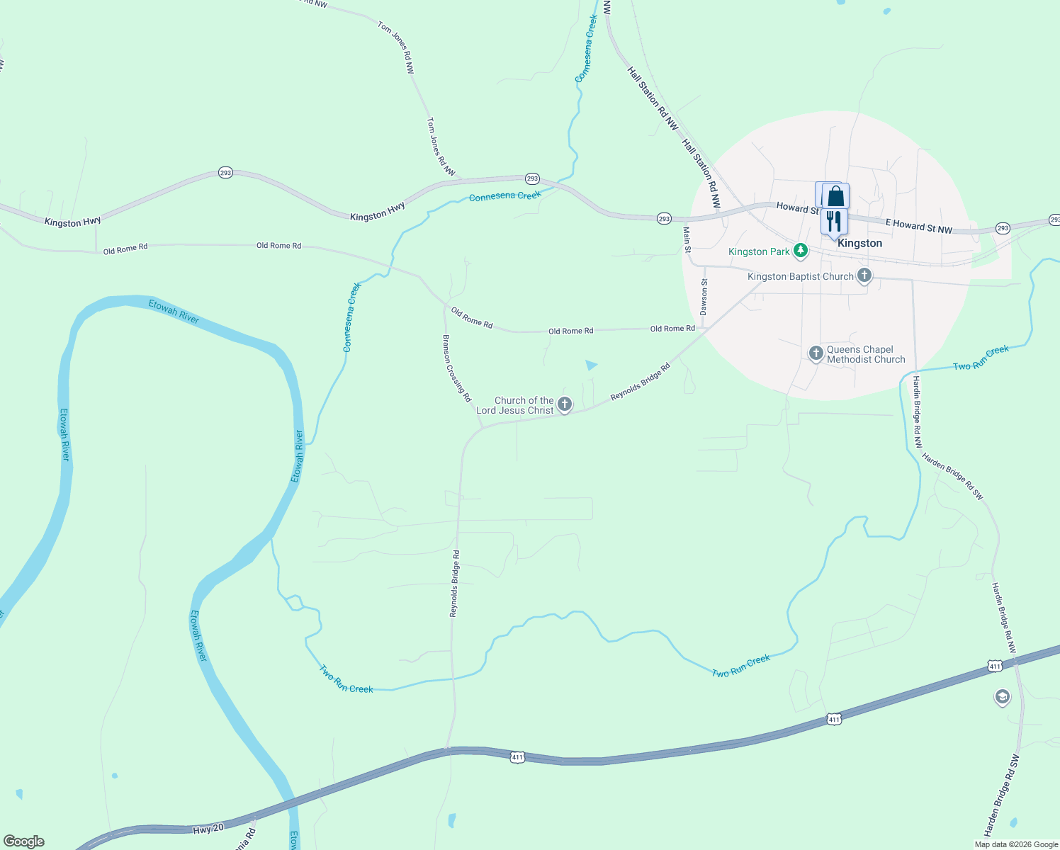 map of restaurants, bars, coffee shops, grocery stores, and more near 153 Reynolds Bridge Road in Kingston