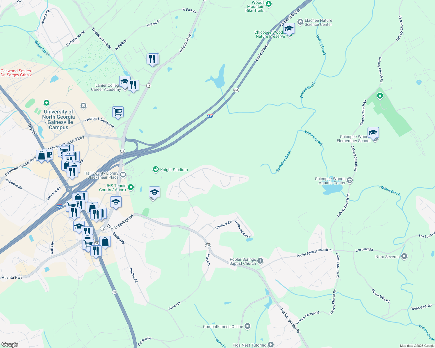 map of restaurants, bars, coffee shops, grocery stores, and more near 4044 Amberleigh Trace in Gainesville