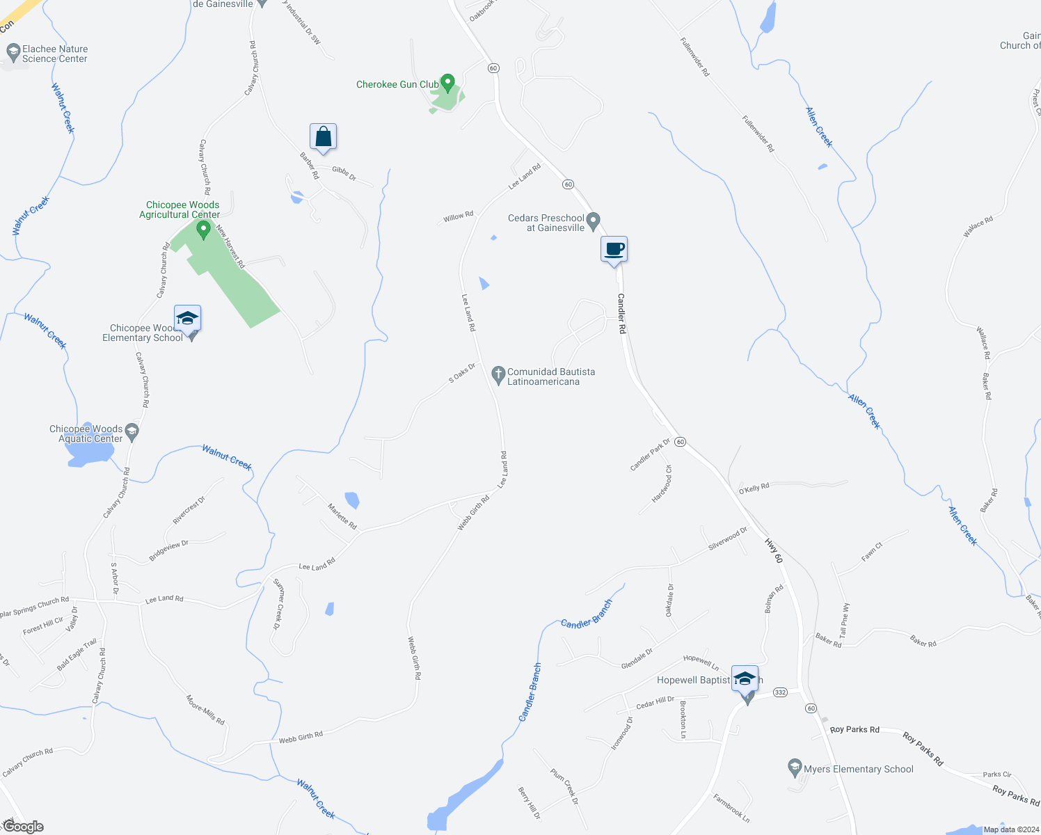 map of restaurants, bars, coffee shops, grocery stores, and more near 2261 Lee Land Road in Gainesville