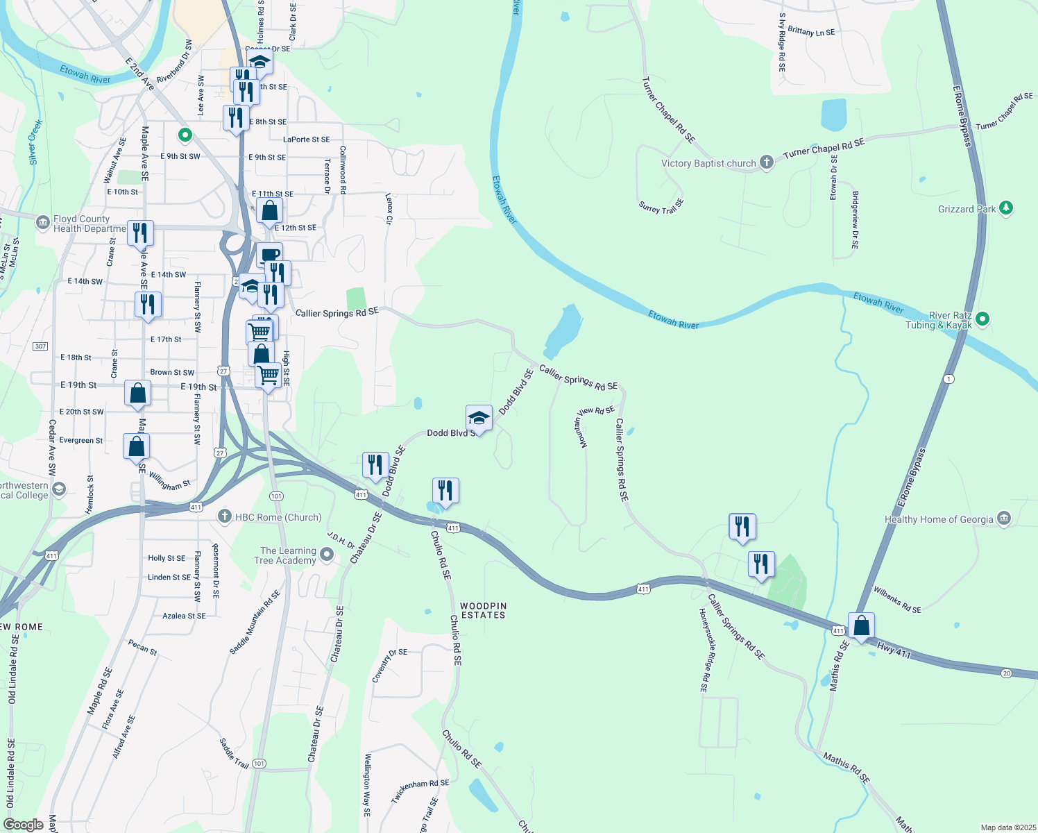 map of restaurants, bars, coffee shops, grocery stores, and more near 93 Dodd Boulevard Southeast in Rome