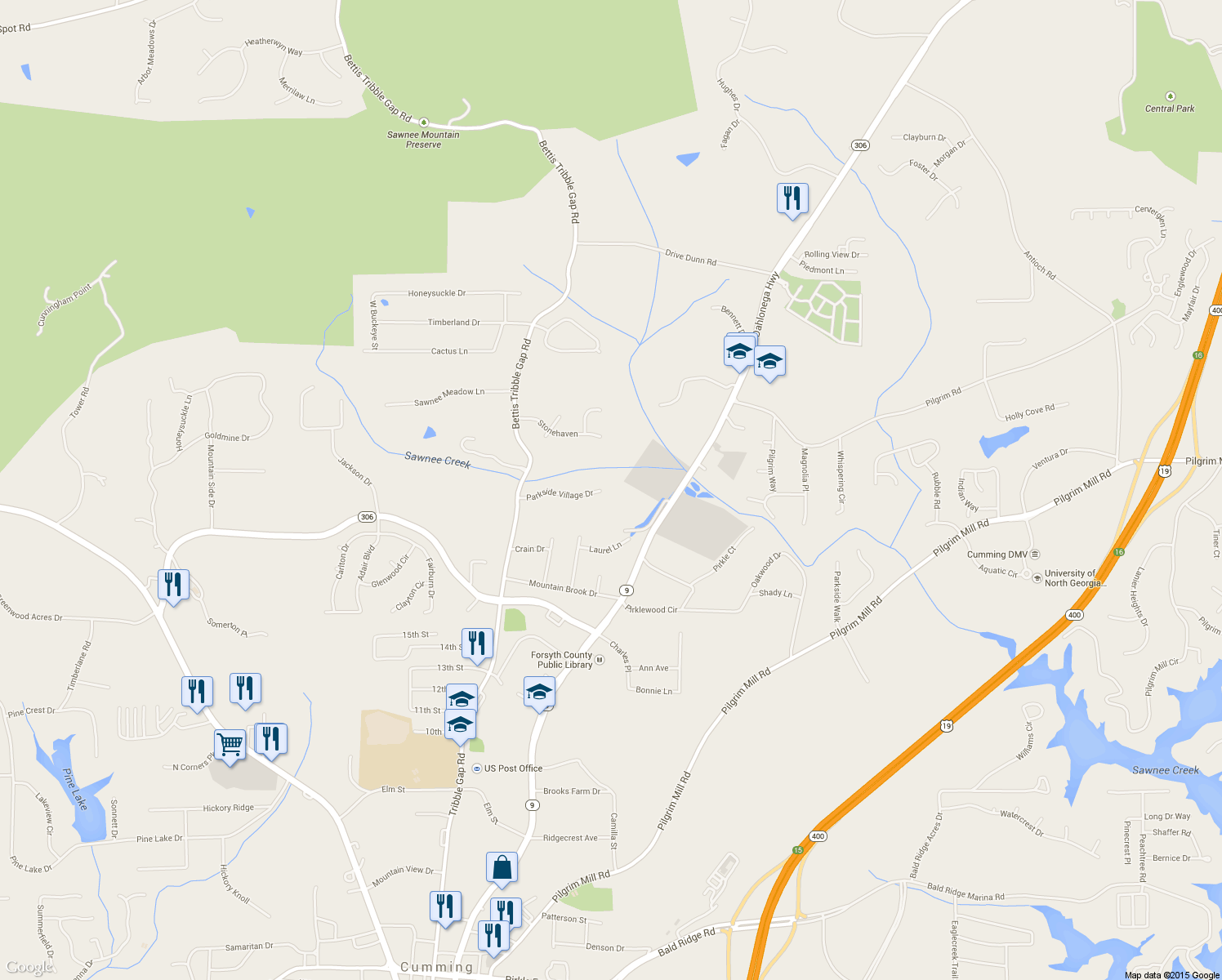 map of restaurants, bars, coffee shops, grocery stores, and more near 1625 Parkside Village Drive in Cumming