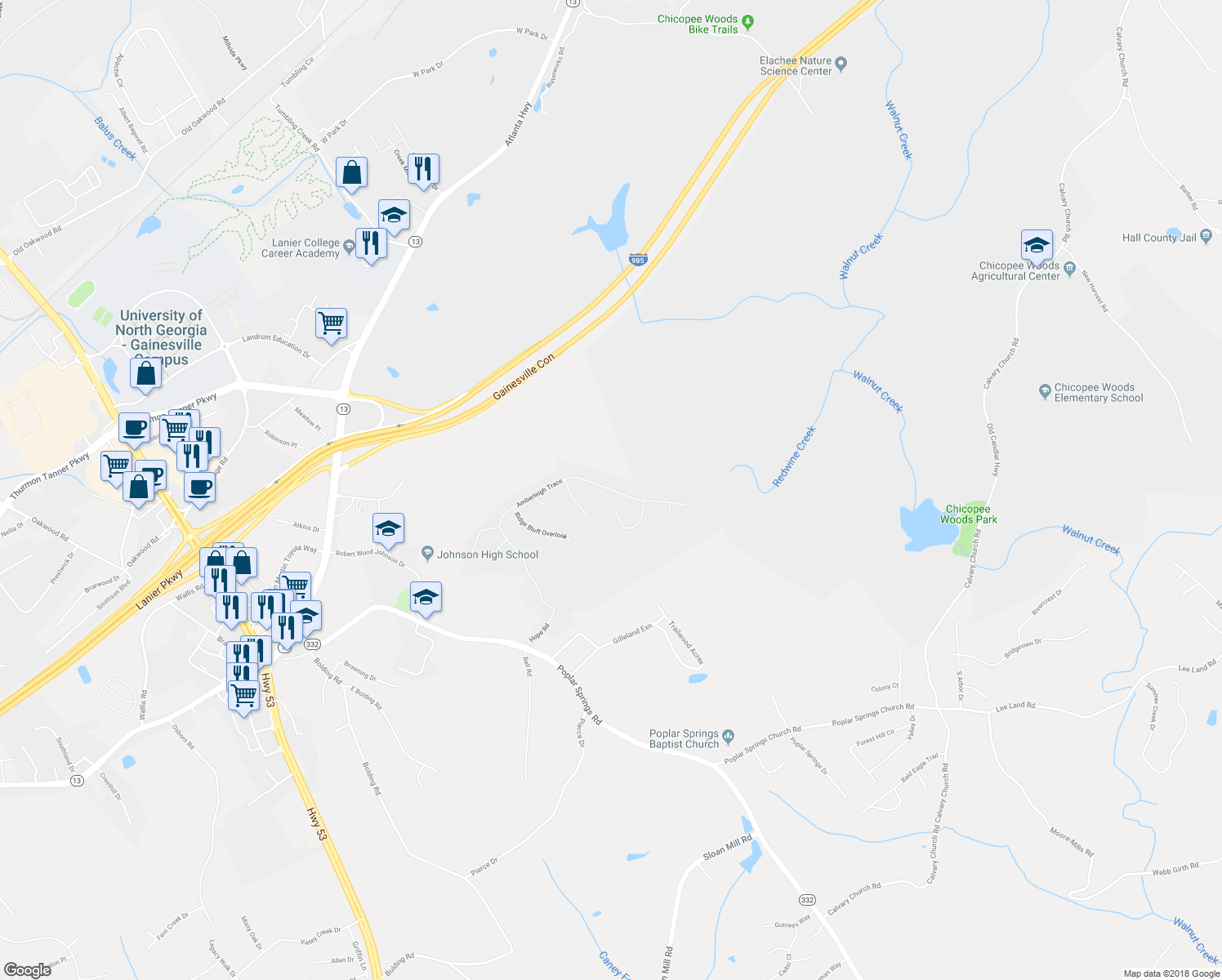map of restaurants, bars, coffee shops, grocery stores, and more near Amberleigh Trace in Gainesville