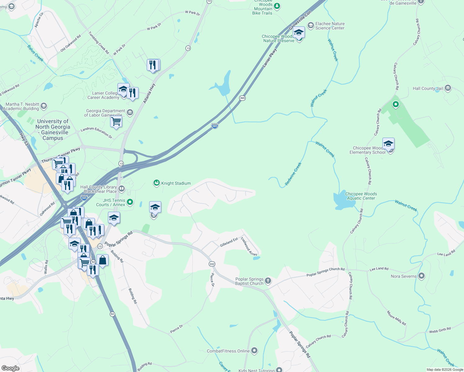 map of restaurants, bars, coffee shops, grocery stores, and more near 4069 Amberleigh Trace in Gainesville
