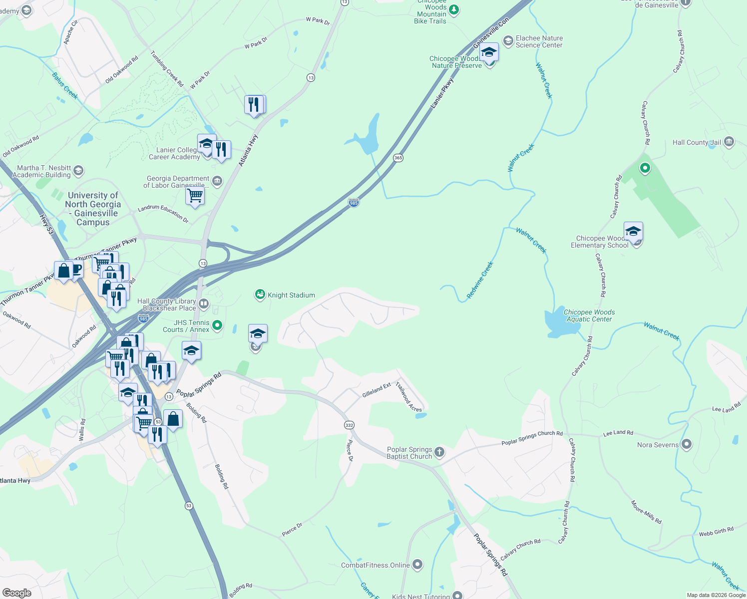 map of restaurants, bars, coffee shops, grocery stores, and more near 4057 Amberleigh Trace in Gainesville