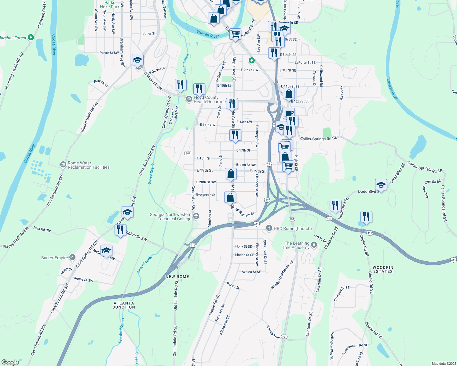 map of restaurants, bars, coffee shops, grocery stores, and more near 308 East 20th Street Southwest in Rome