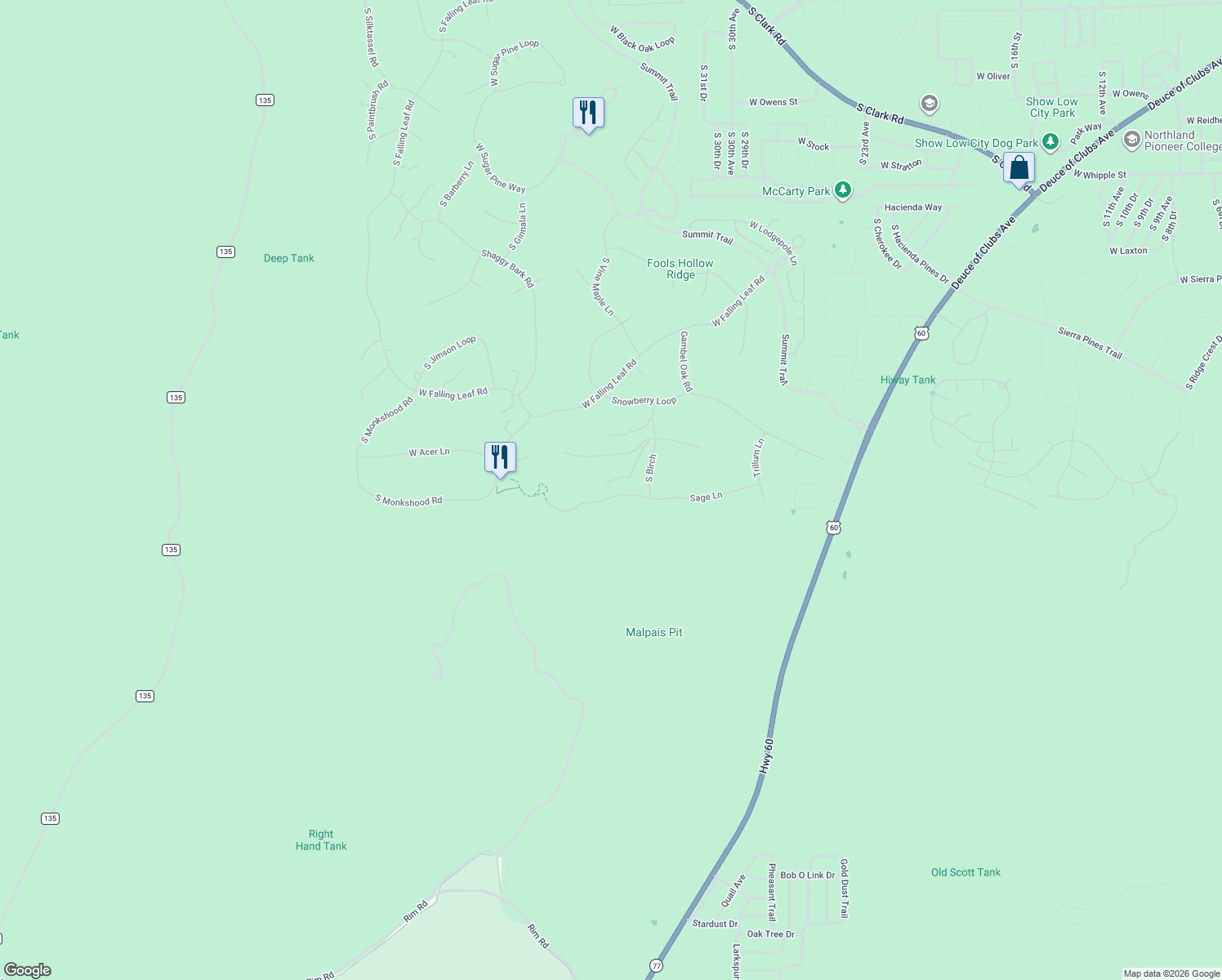 map of restaurants, bars, coffee shops, grocery stores, and more near 3400 Sage Lane in Show Low