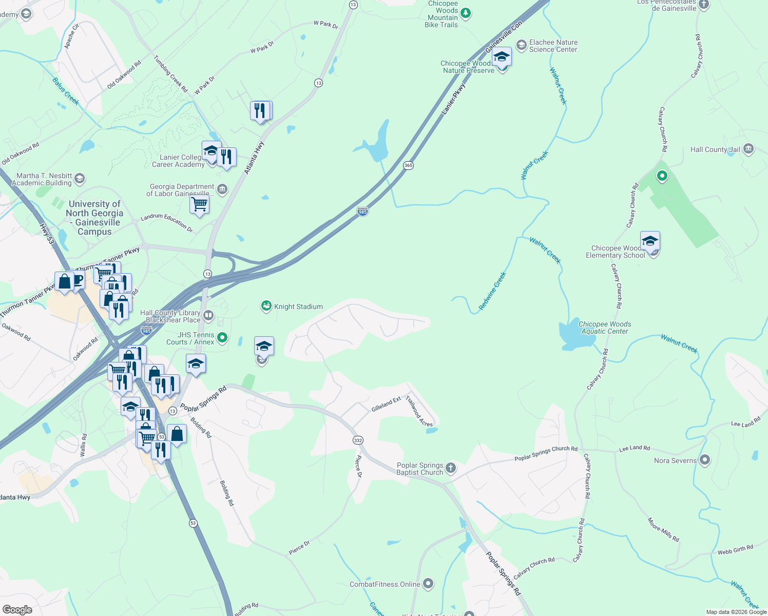 map of restaurants, bars, coffee shops, grocery stores, and more near 4057 Amberleigh Trace in Gainesville