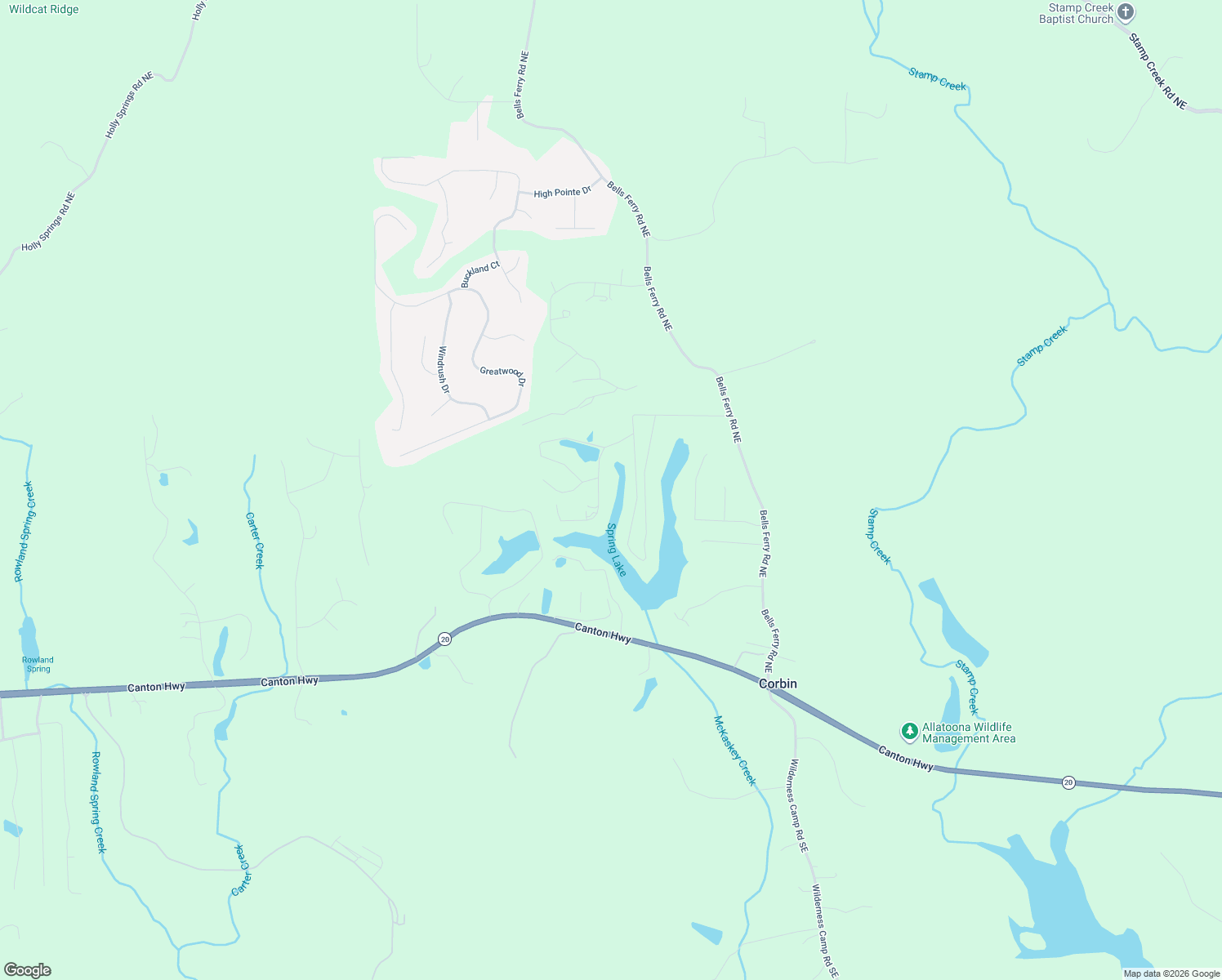 map of restaurants, bars, coffee shops, grocery stores, and more near 17 Spring Lake Trail Northeast in White