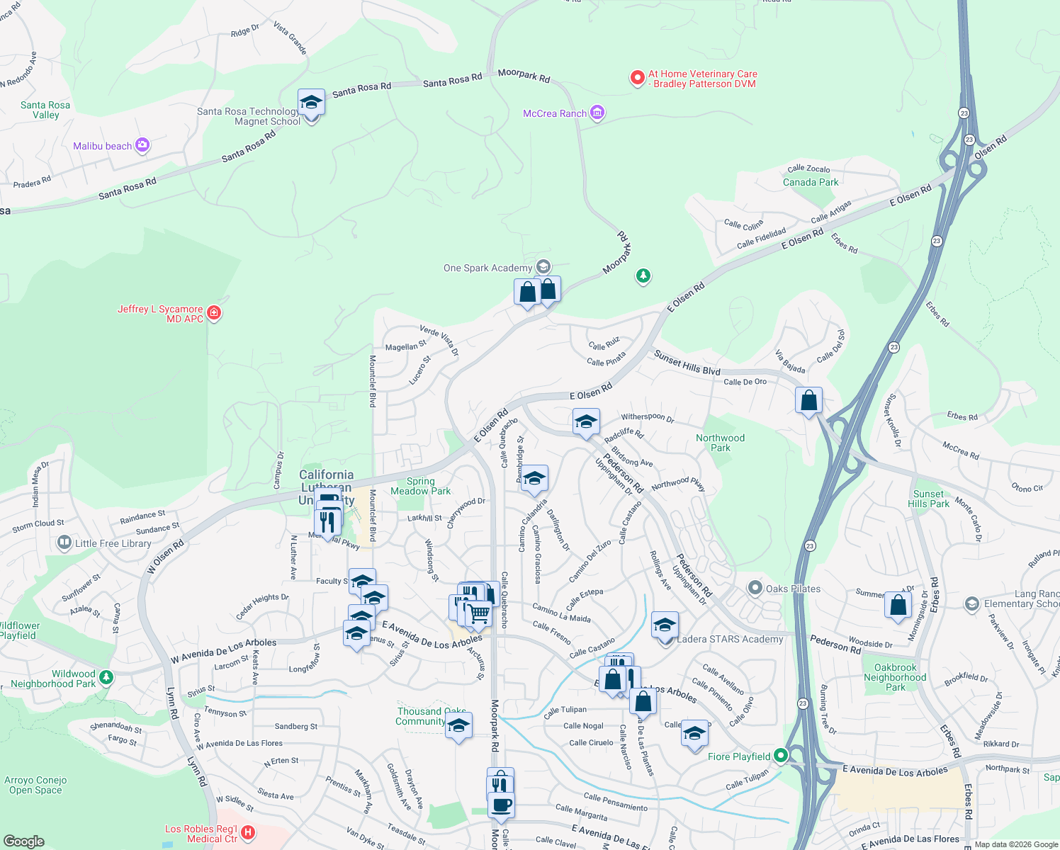 map of restaurants, bars, coffee shops, grocery stores, and more near 3587 Calle Quebracho in Thousand Oaks