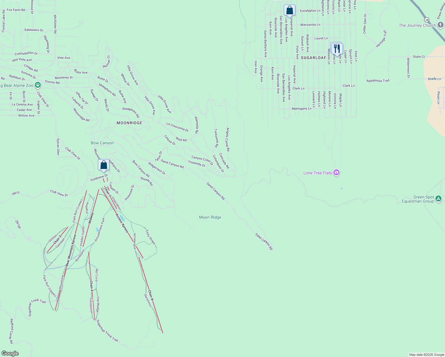 map of restaurants, bars, coffee shops, grocery stores, and more near 190 Yosemite Drive in Big Bear Lake