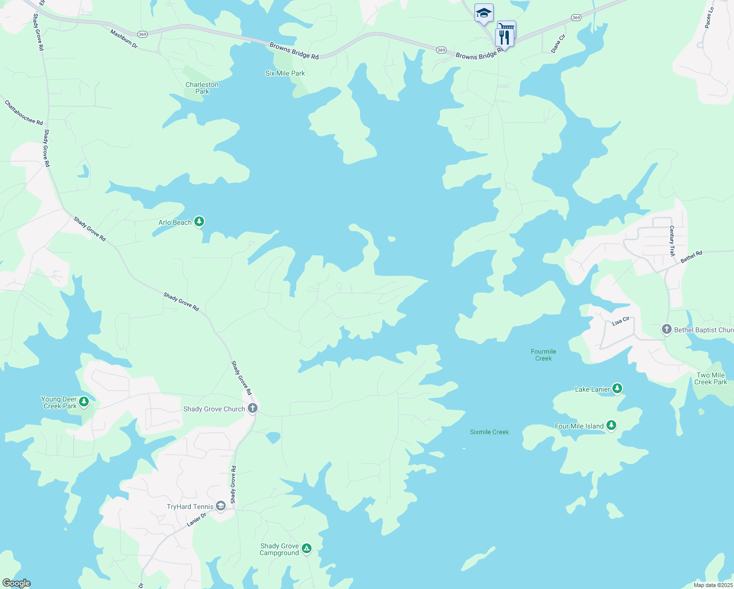 map of restaurants, bars, coffee shops, grocery stores, and more near 7150 Collins Point Road in Cumming