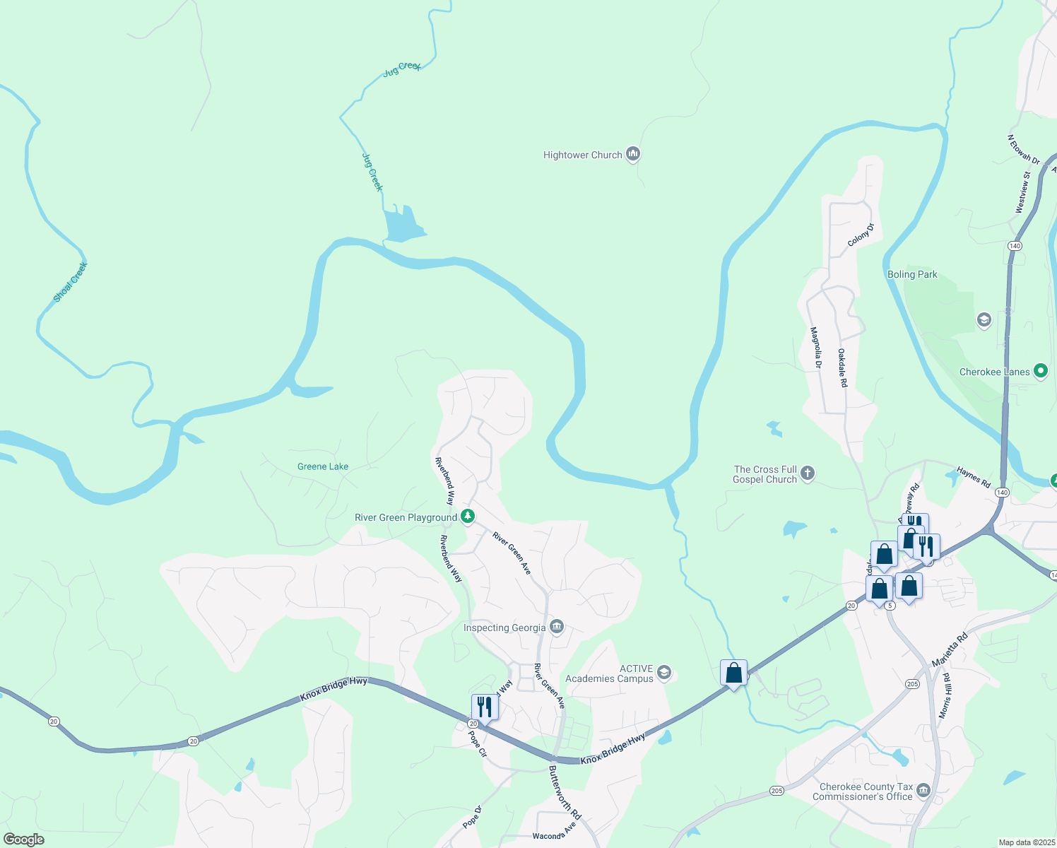 map of restaurants, bars, coffee shops, grocery stores, and more near 114 Rock Creek Lane in Canton