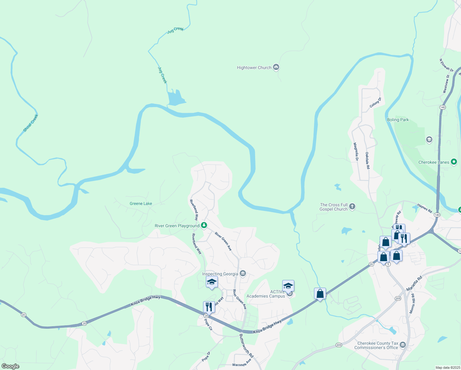 map of restaurants, bars, coffee shops, grocery stores, and more near 114 Rock Creek Lane in Canton