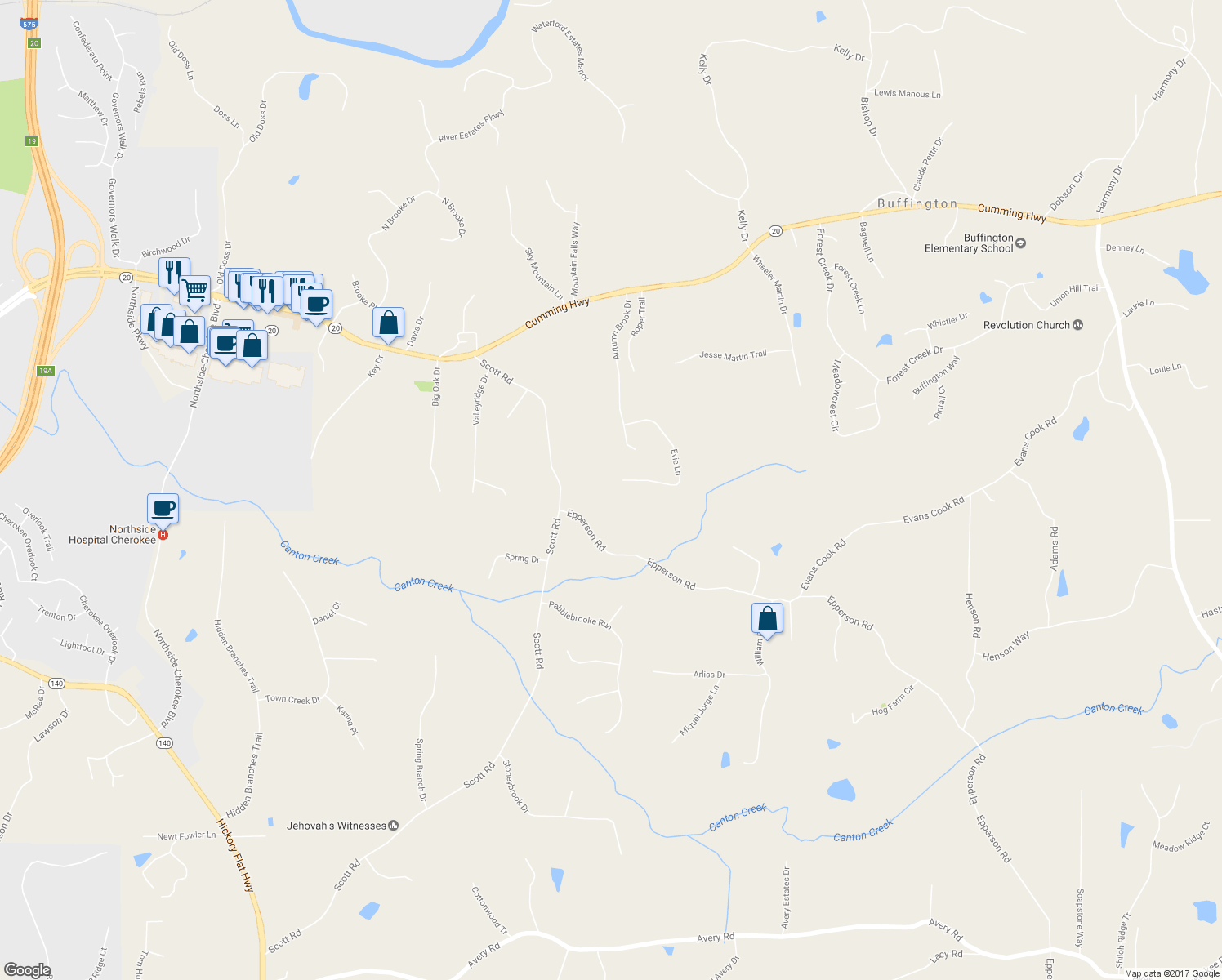 map of restaurants, bars, coffee shops, grocery stores, and more near 345 Evie Lane in Canton