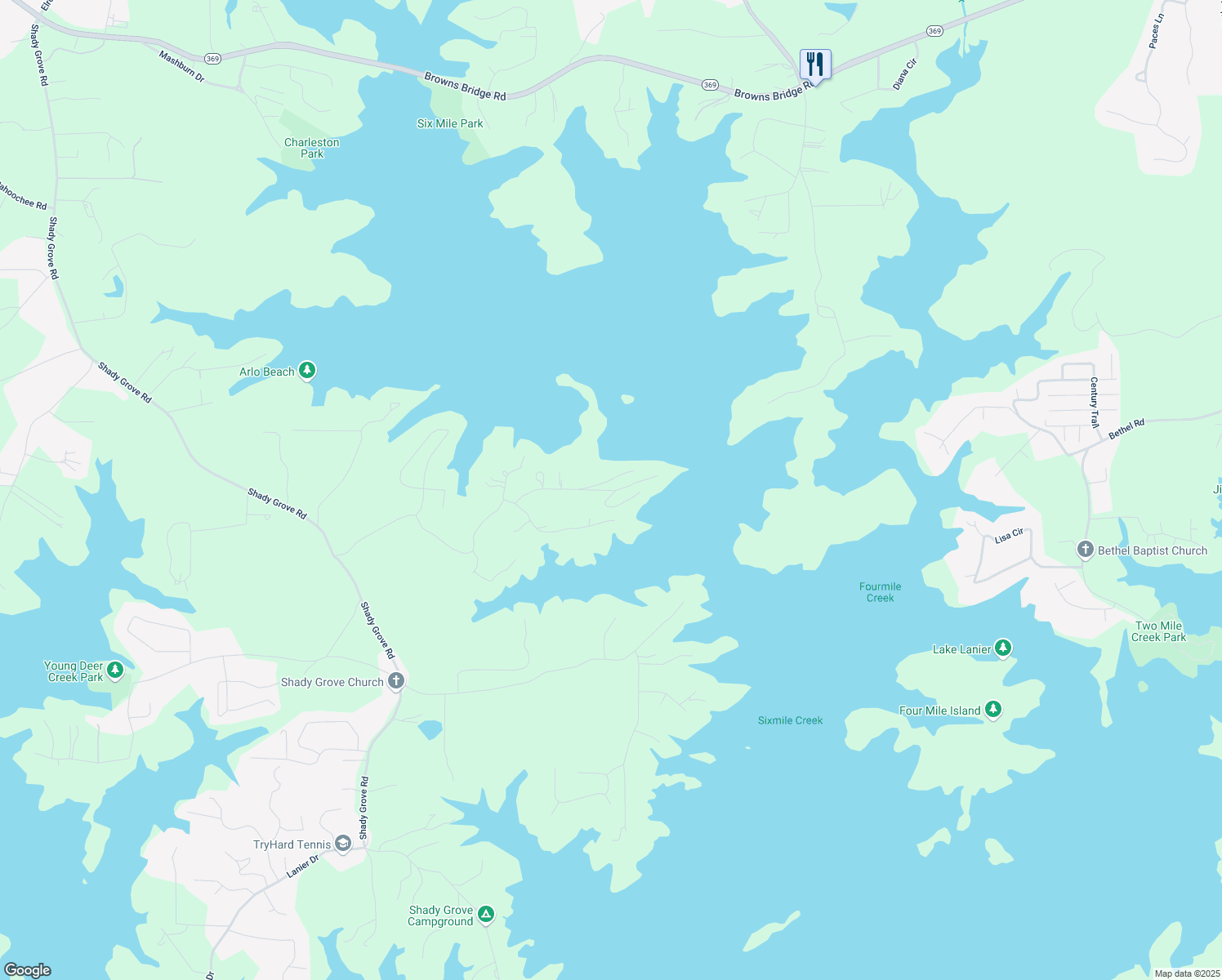 map of restaurants, bars, coffee shops, grocery stores, and more near 7150 Collins Point Road in Cumming