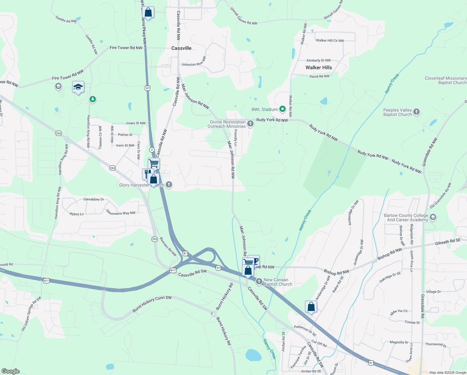 map of restaurants, bars, coffee shops, grocery stores, and more near 184 Mac Johnson Road Northwest in Cartersville