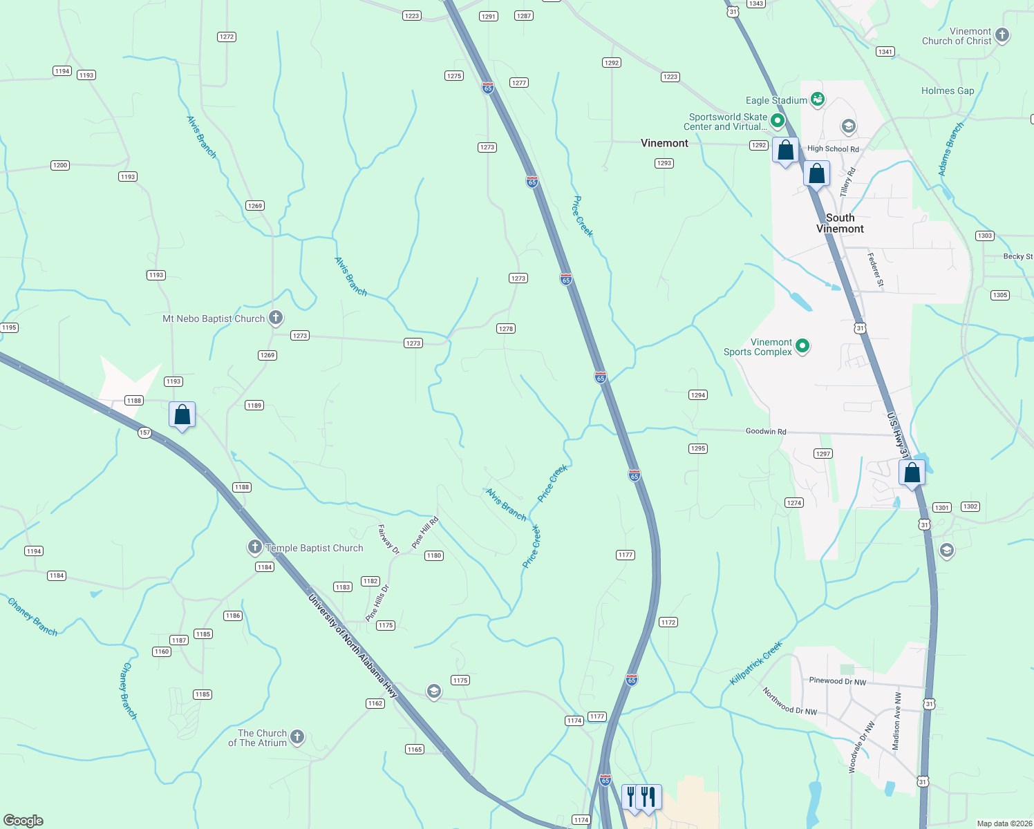 map of restaurants, bars, coffee shops, grocery stores, and more near 154 County Road 1278 in Cullman